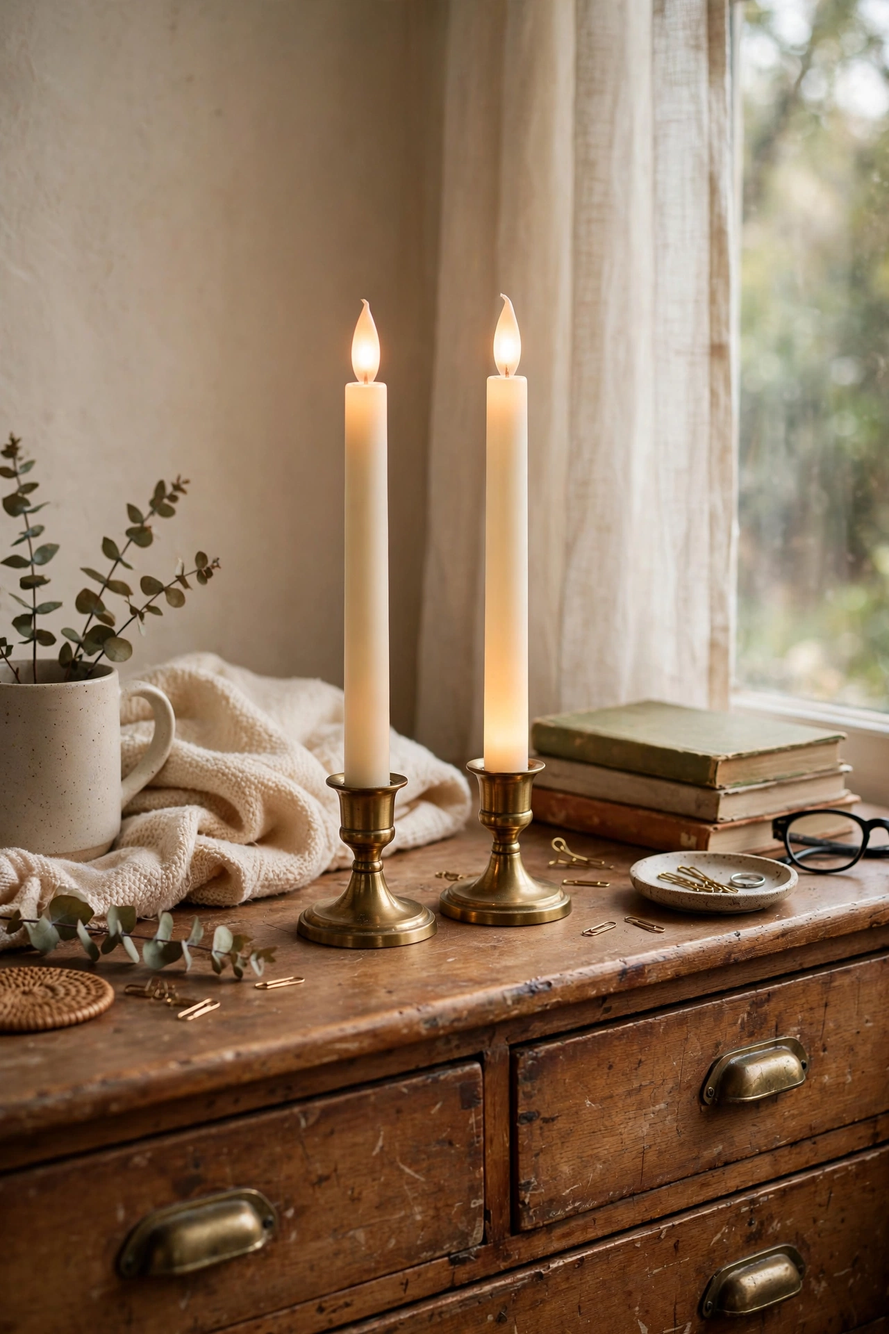 Two flameless taper candles in brass-look holders glowing on a dresser