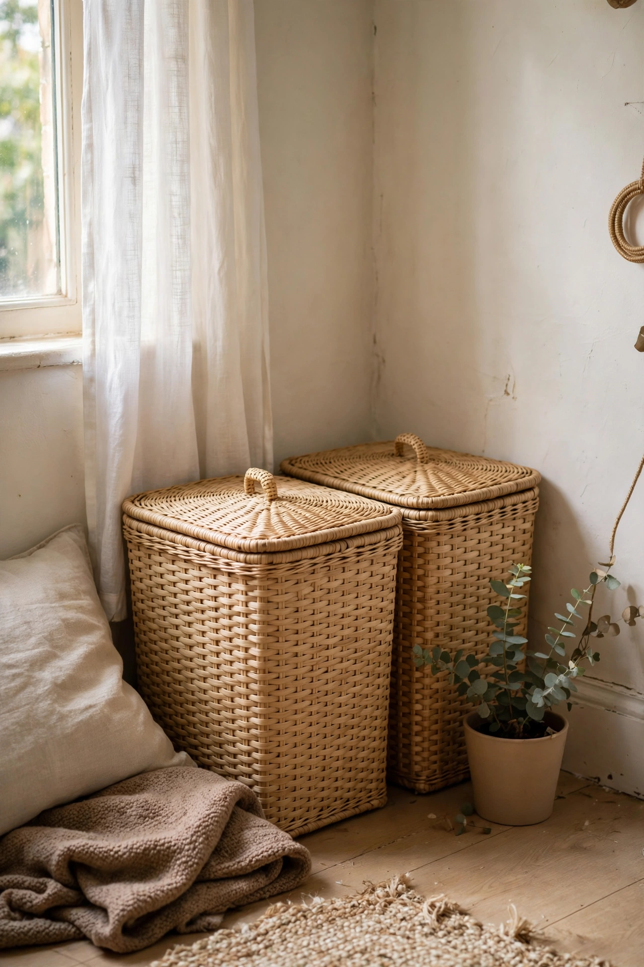 Two matching woven storage baskets with lids tucked in a bedroom corner
