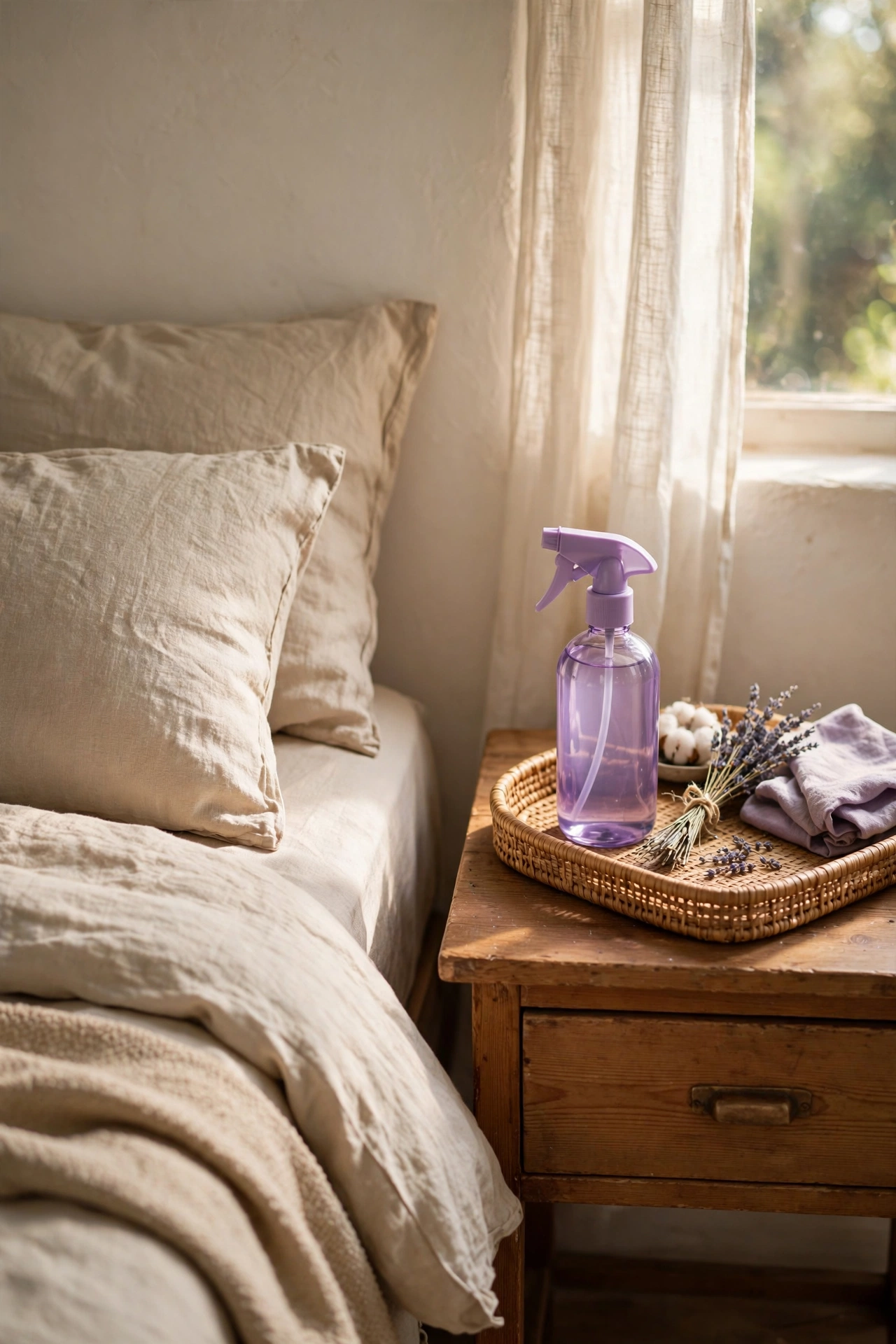 Lavender linen spray bottle on a nightstand tray beside a bed