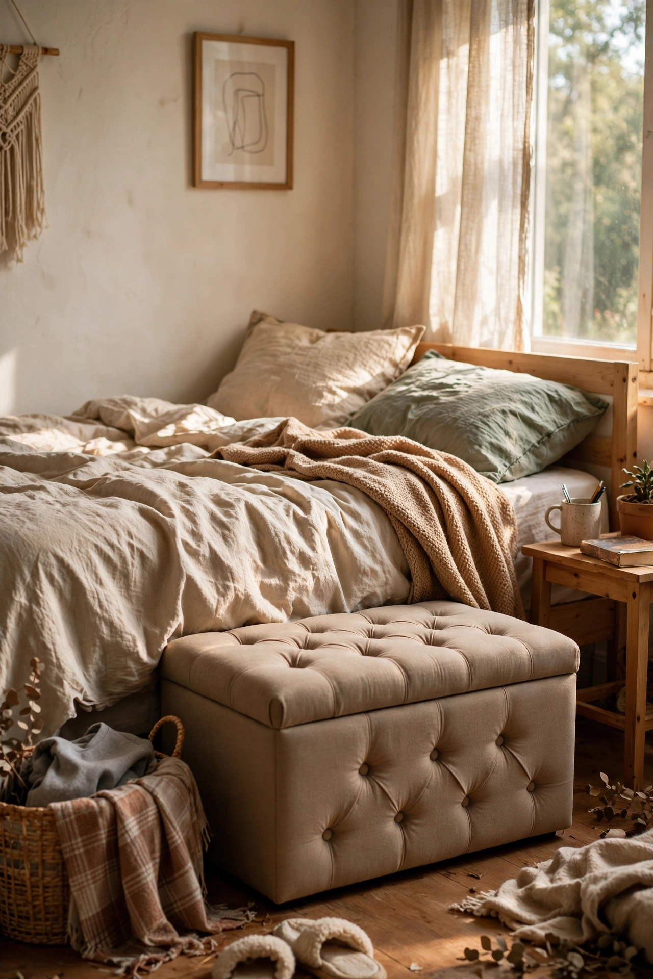 Tufted storage ottoman at the foot of a bed holding folded blankets