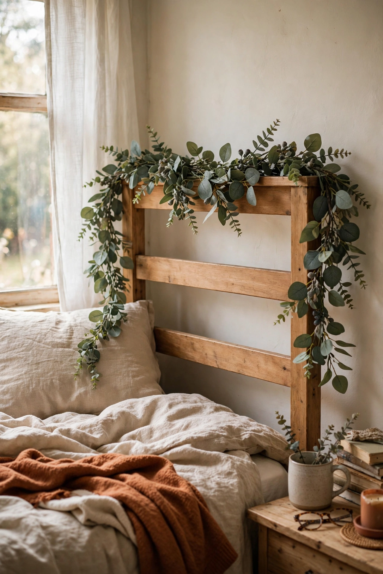 Faux eucalyptus garland draped over the top of a bed headboard