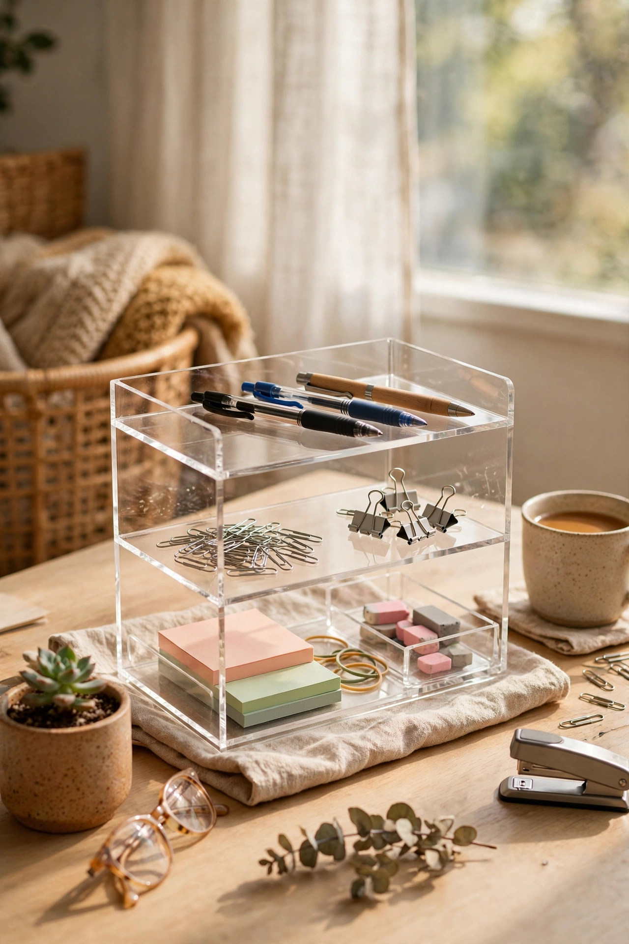 Clear acrylic tiered desk organiser with pens and supplies on a desk