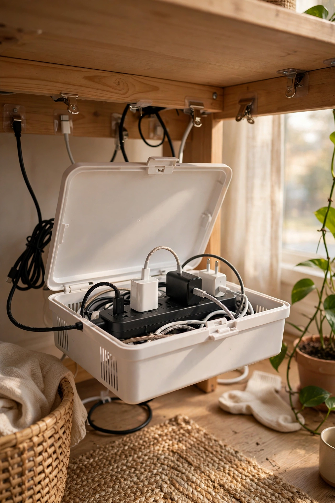 Lidded cable management box hiding power strip and chargers under a desk