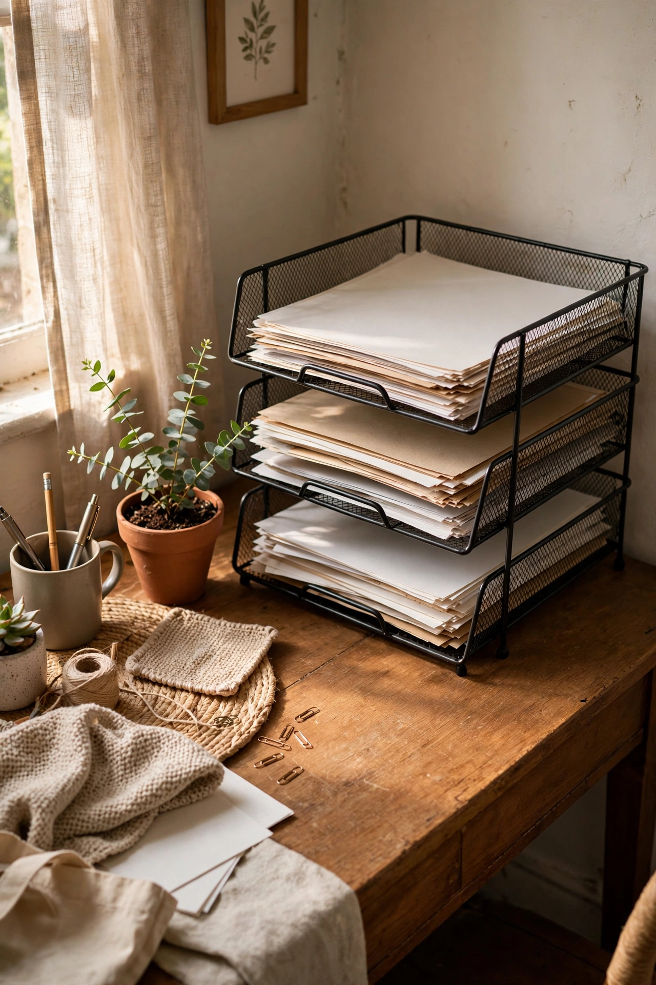 Three stackable letter trays labelled inbox in progress and done on a desk