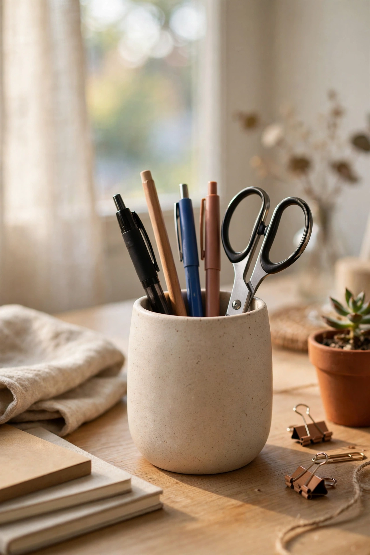 Matte ceramic-look pen cup holding pens and scissors on a desk