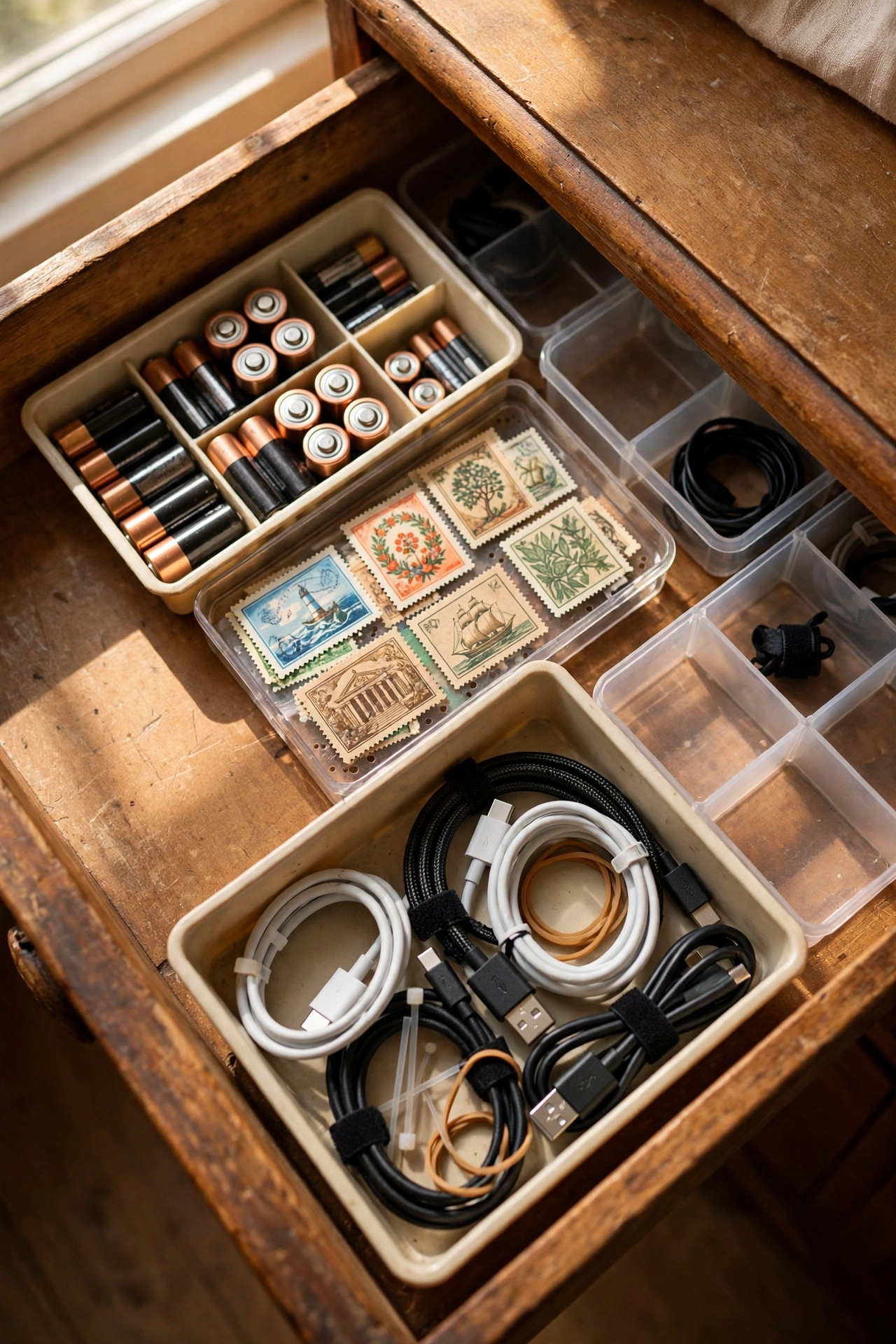 Open desk drawer with divider trays organising small supplies