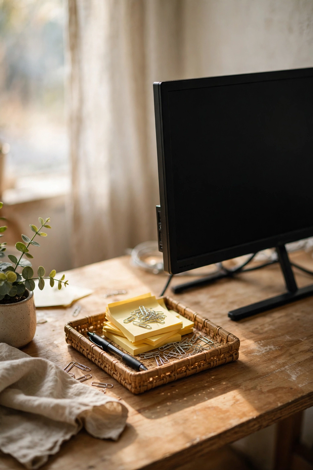 Small tray with sticky notes clips and a pen beside a computer monitor