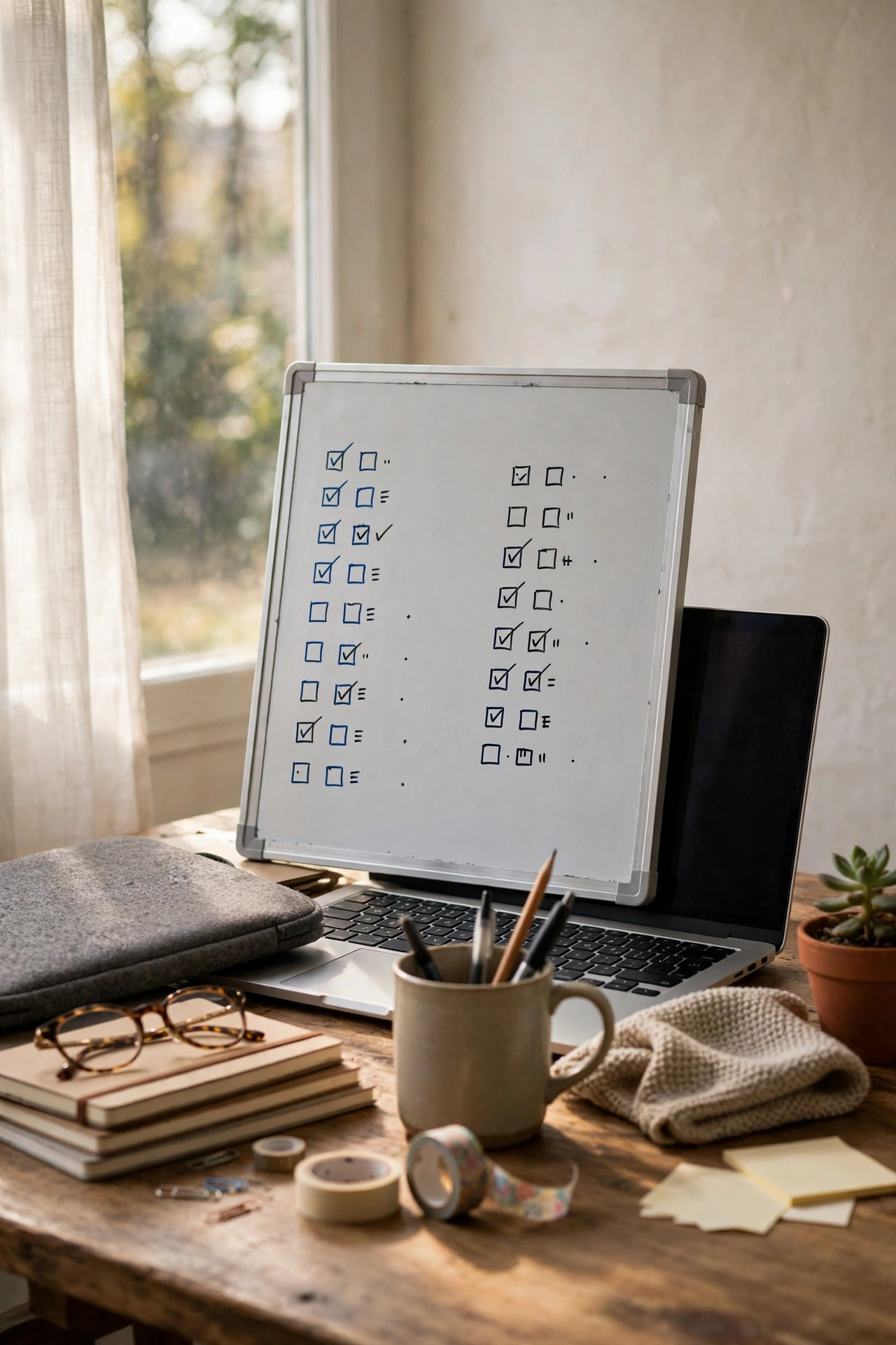 Small desktop whiteboard with handwritten daily tasks leaning behind a laptop