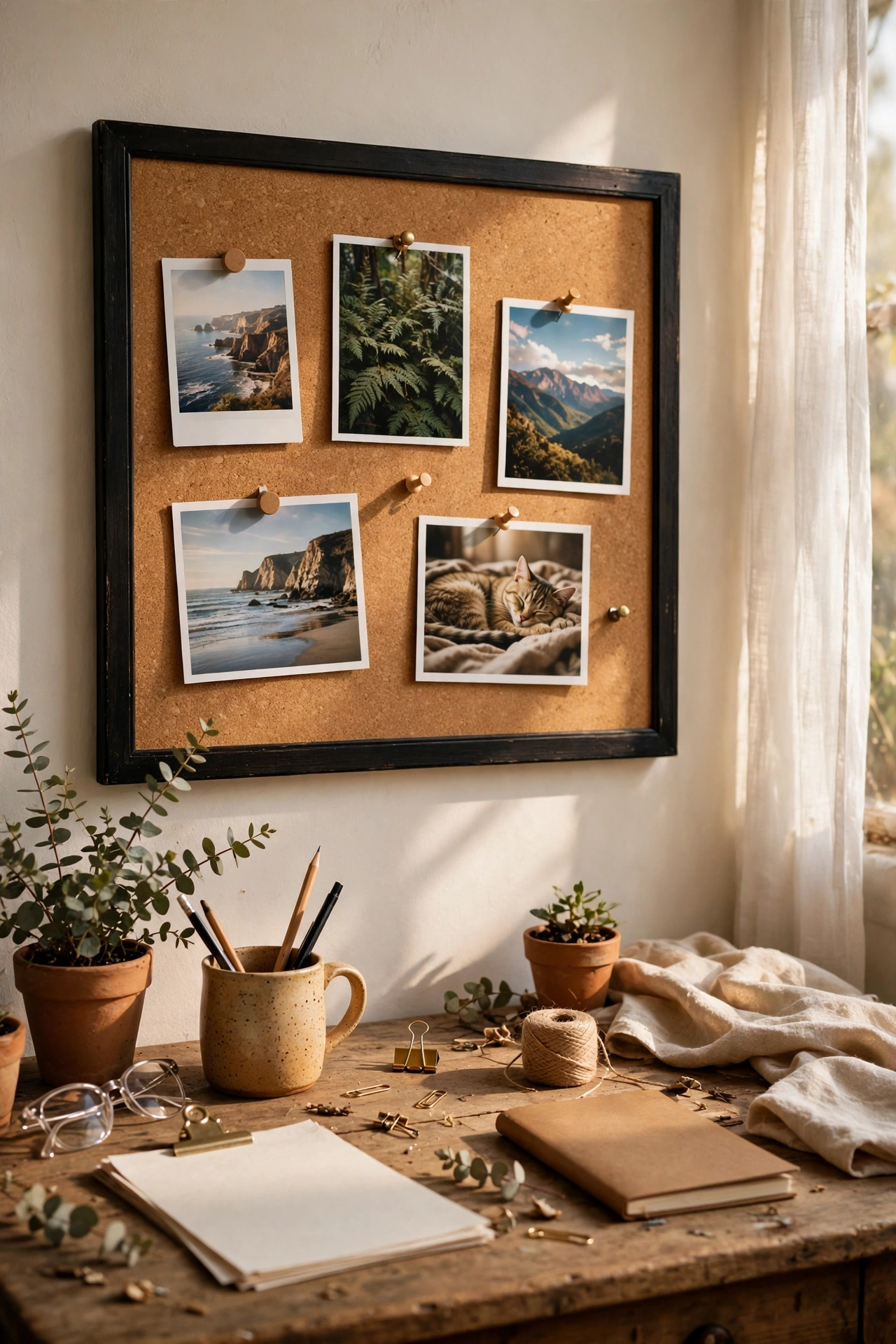 Cork board in a black frame hung above a desk with pinned notes