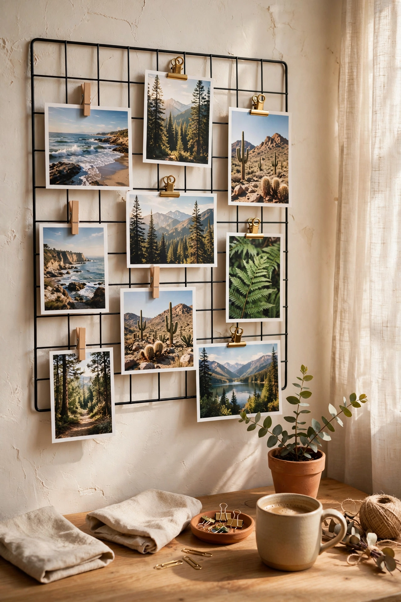 Black wire grid memo board with clipped postcards beside a desk