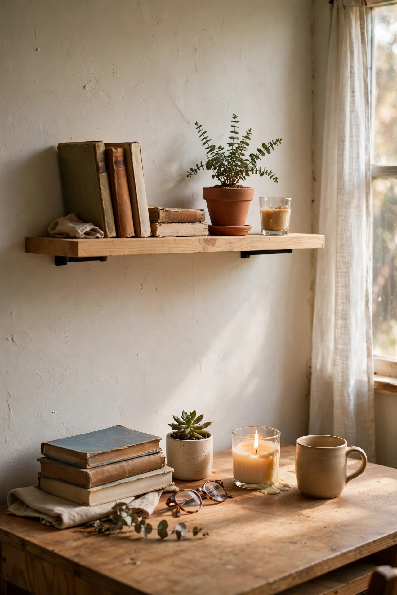 Floating shelf above a desk styled with books plant and candle