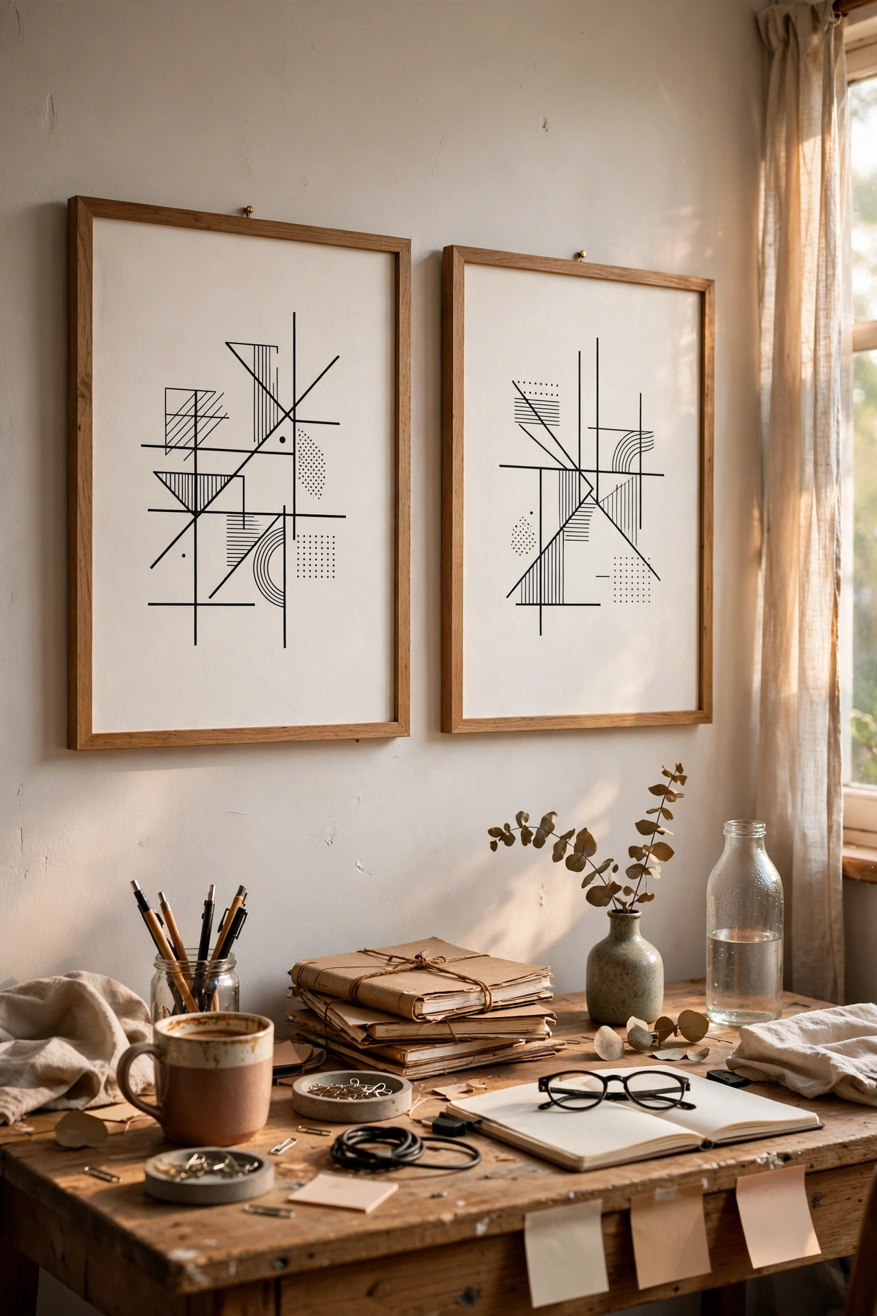 Two framed typographic prints in matching frames above a desk