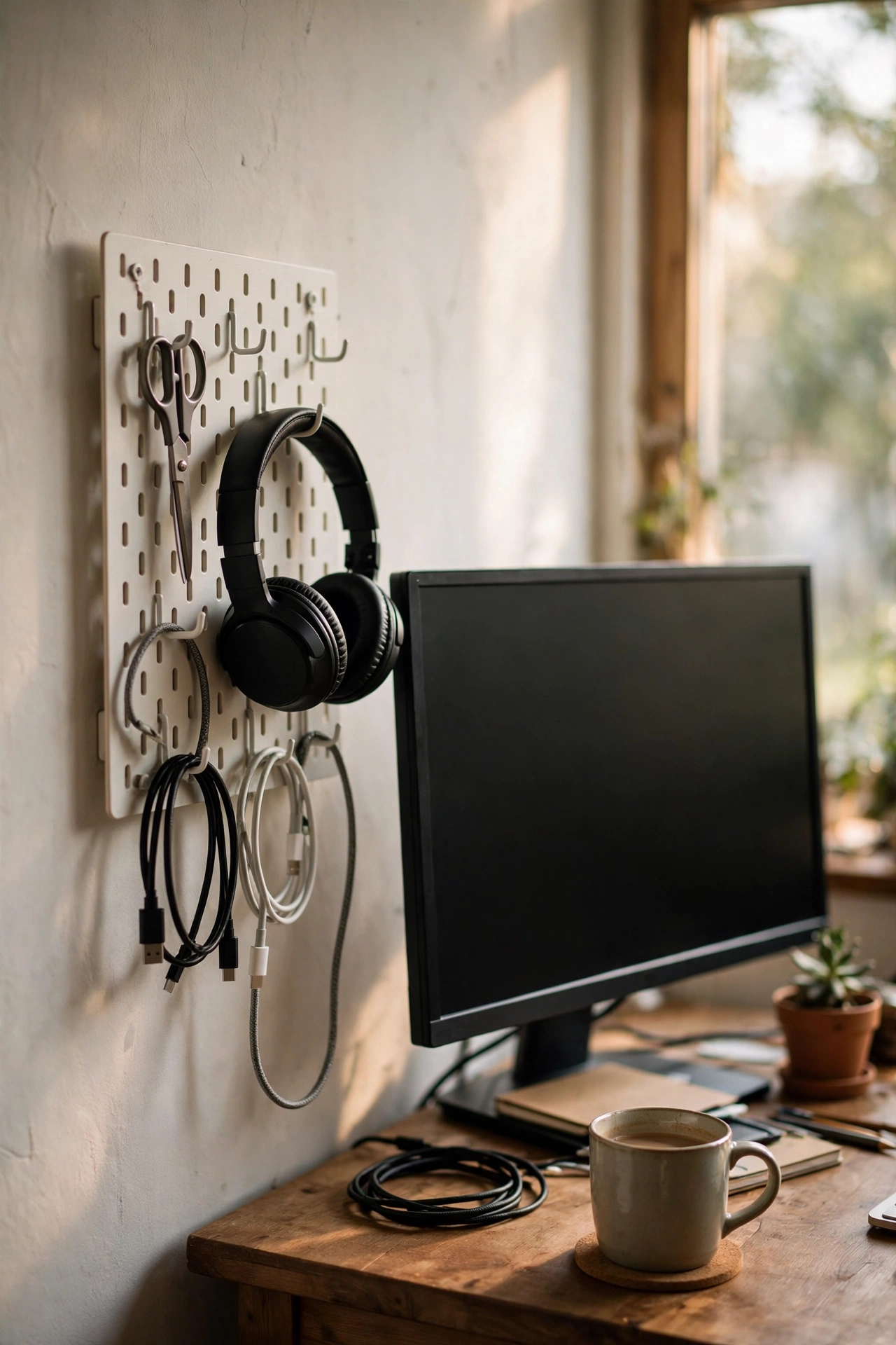 Small white pegboard with hooks holding scissors headphones and cables