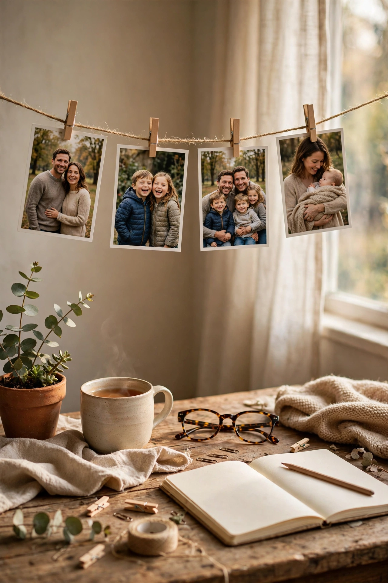 Twine string with clipped family photos displayed above a desk