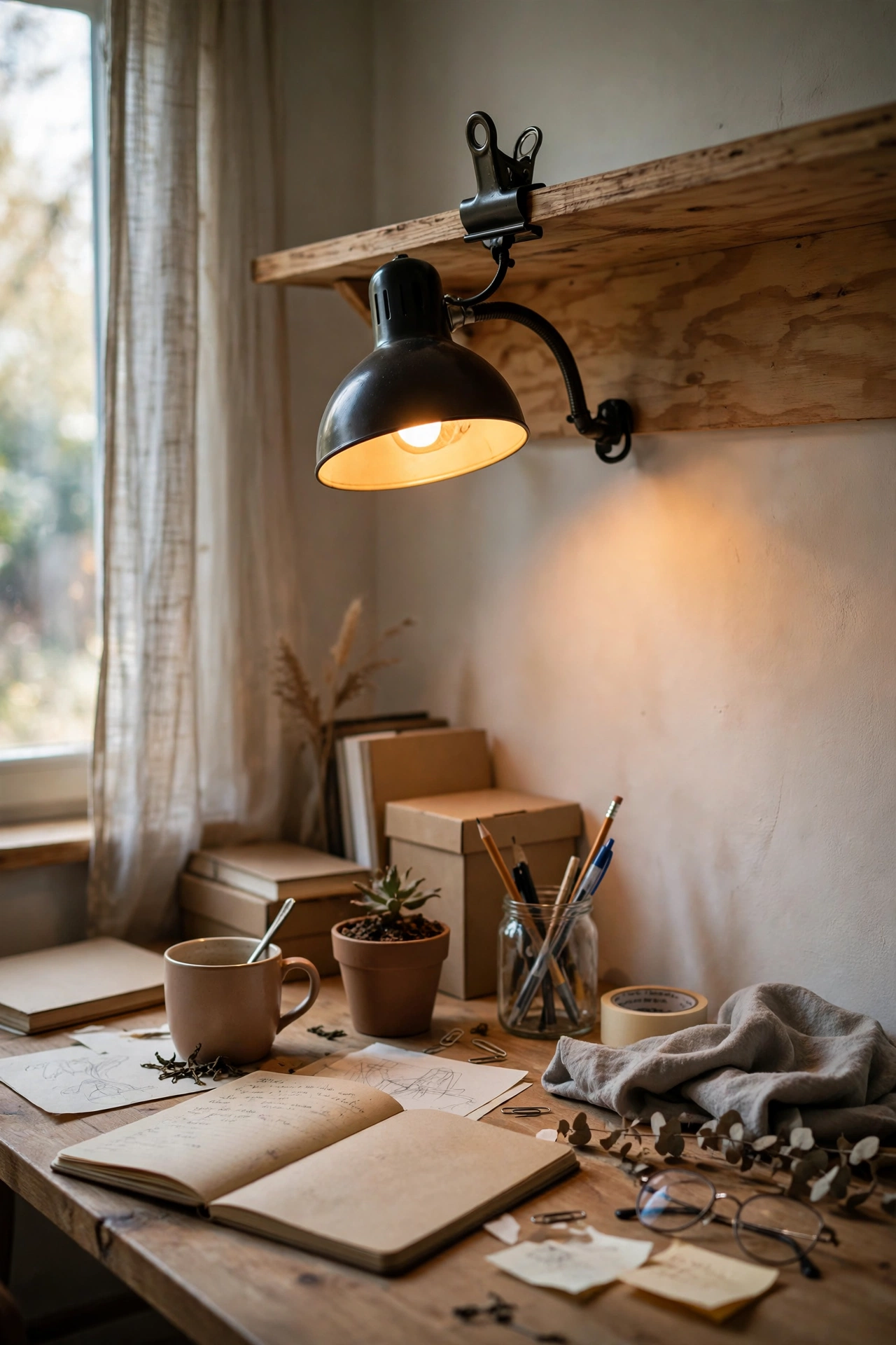 Clip-on desk lamp attached to a shelf aiming light at a desk
