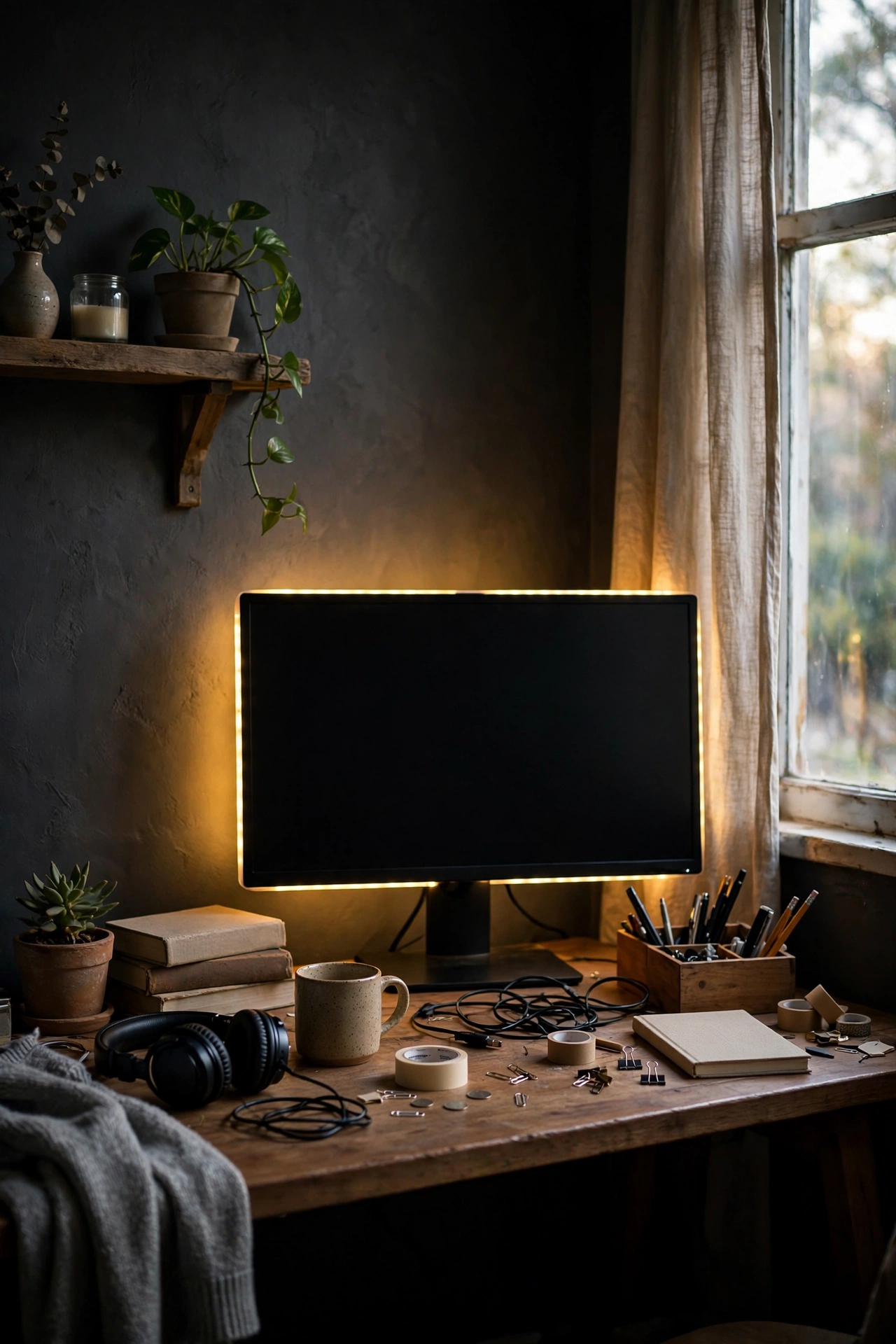 Warm LED strip glowing behind a computer monitor in a dark room