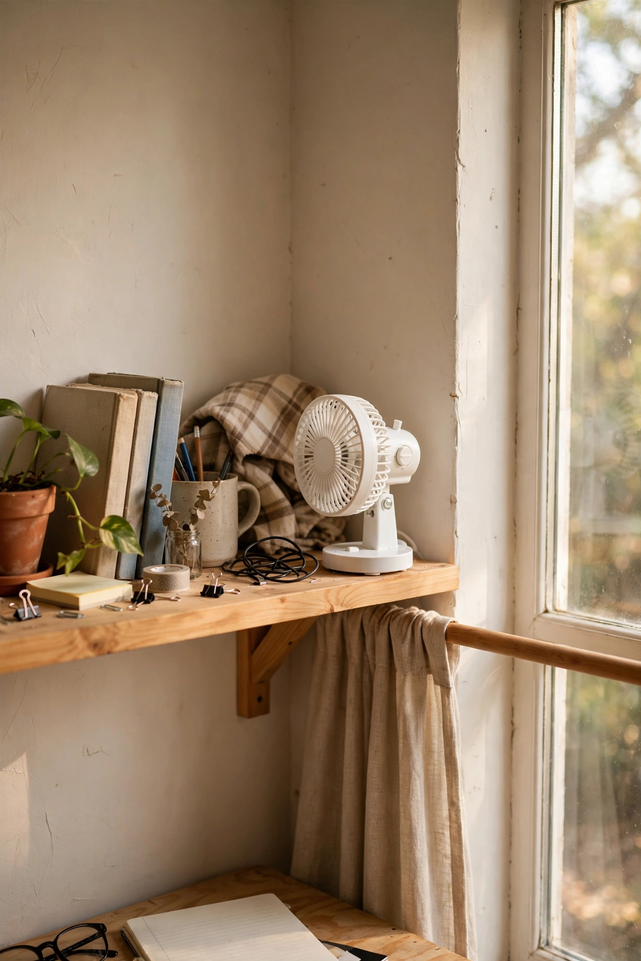 Small white desk fan on a shelf in a home office corner