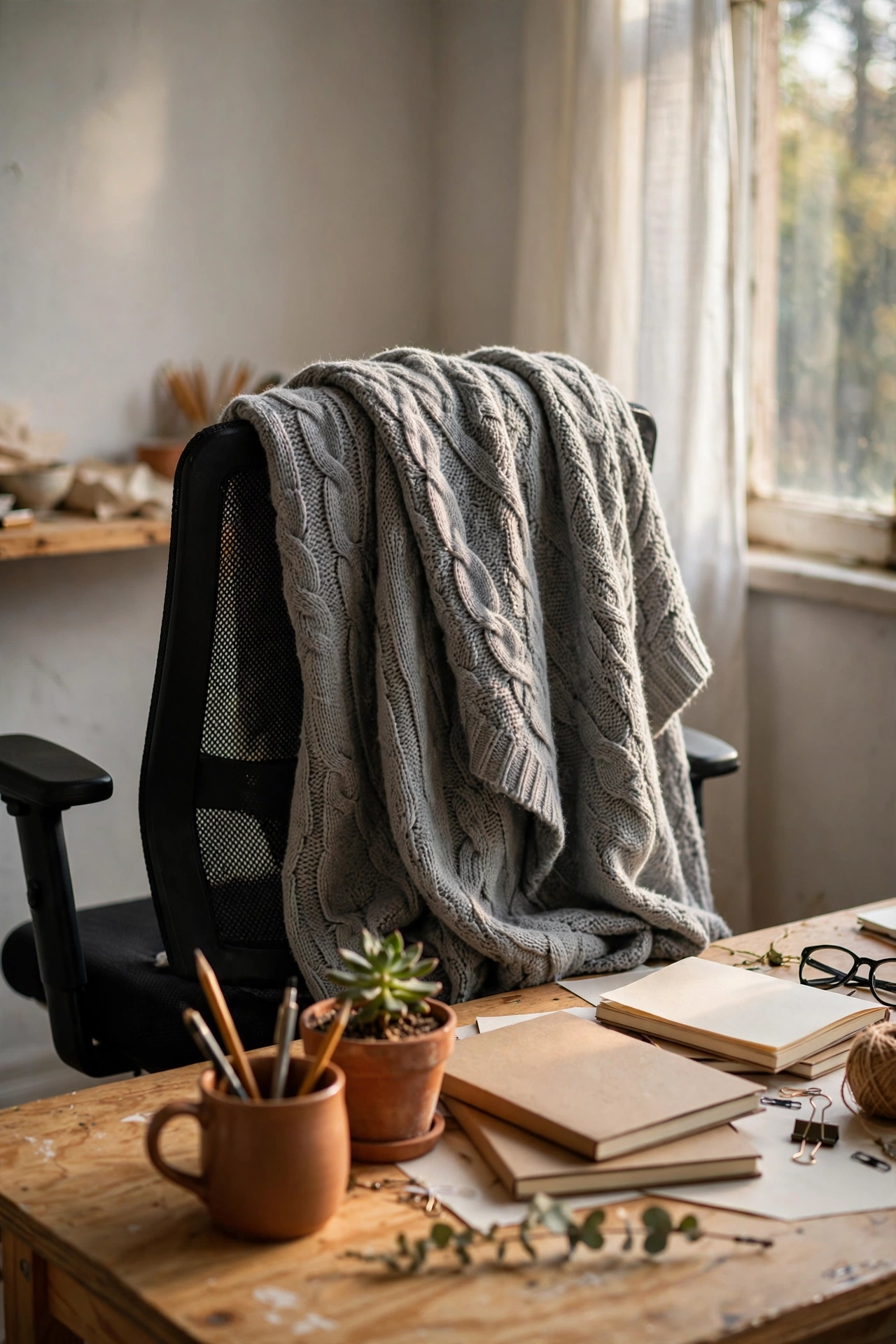 Soft grey throw blanket draped over an office chair back