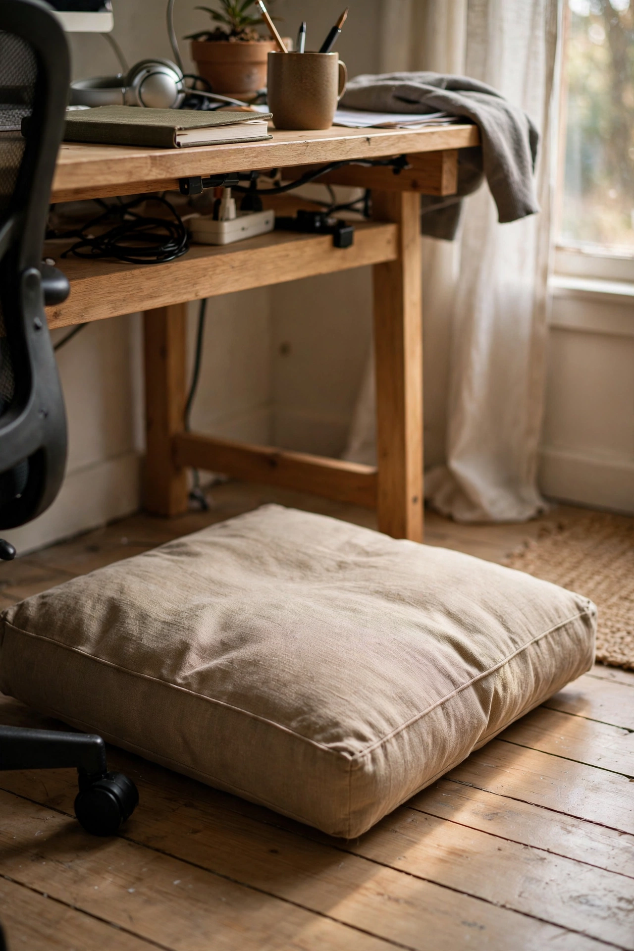 Firm cushion used as a footrest under a desk