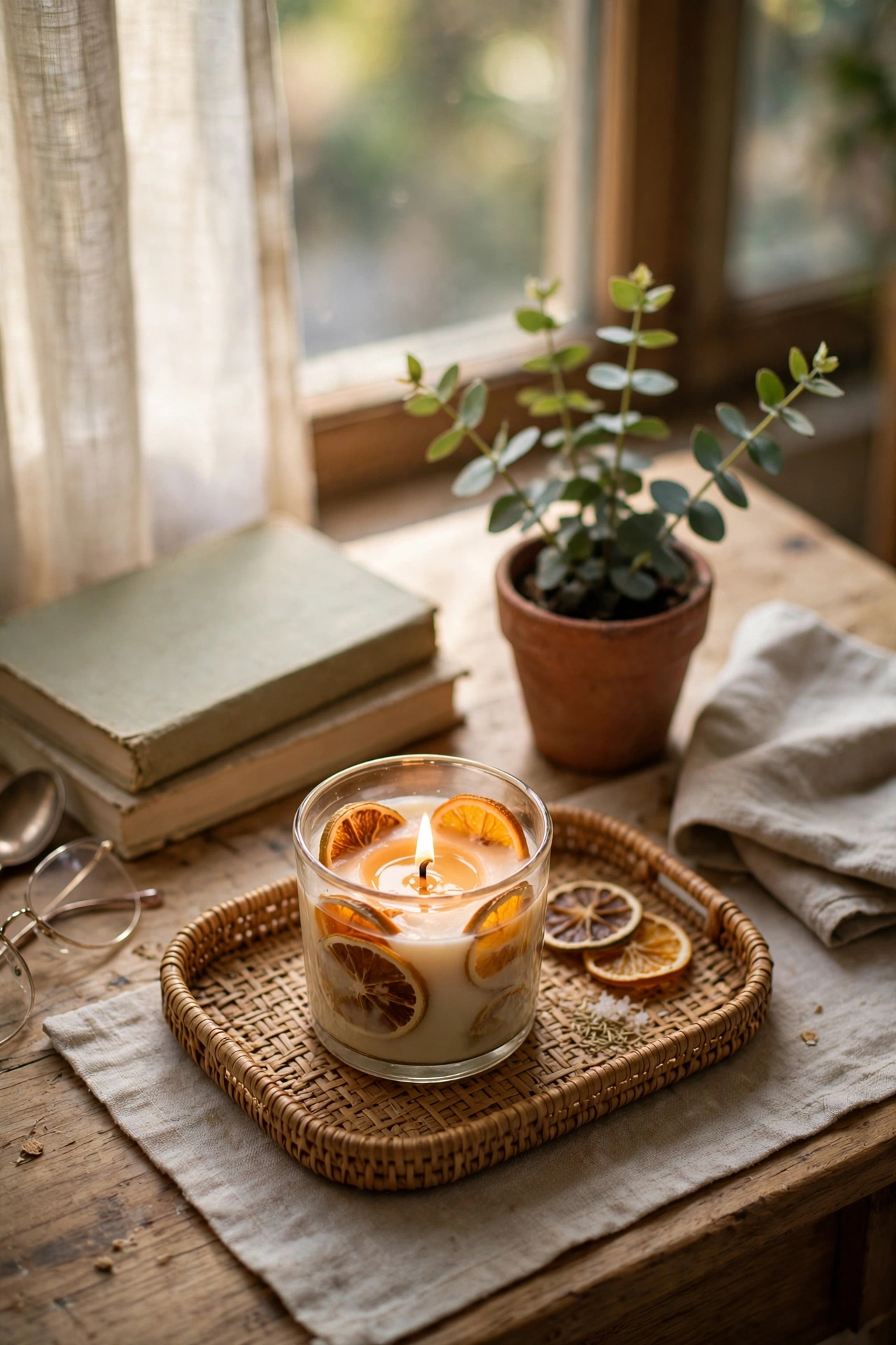 Lit citrus scented candle on a small tray on a desk