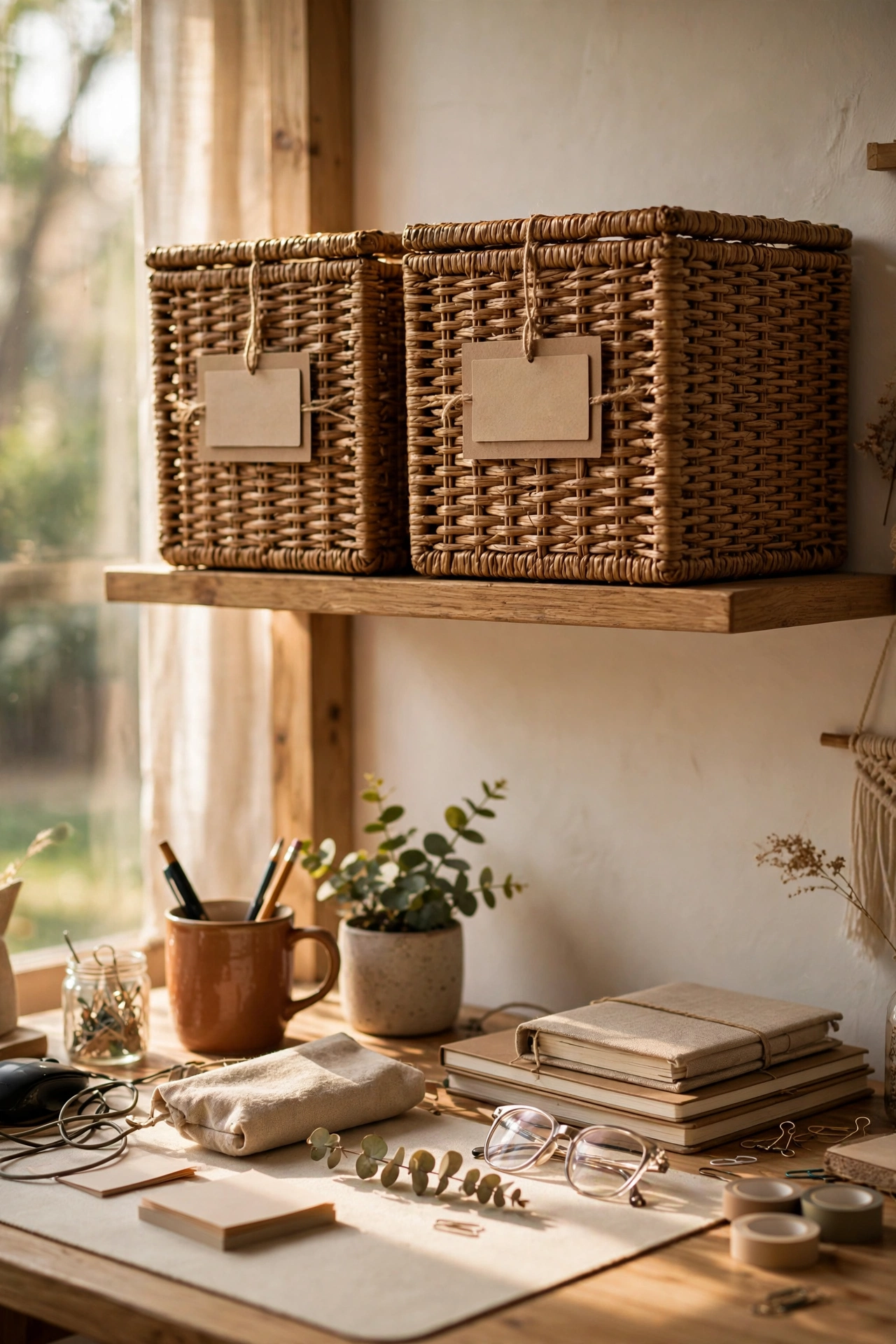 Two woven file boxes with labels on a shelf above a desk