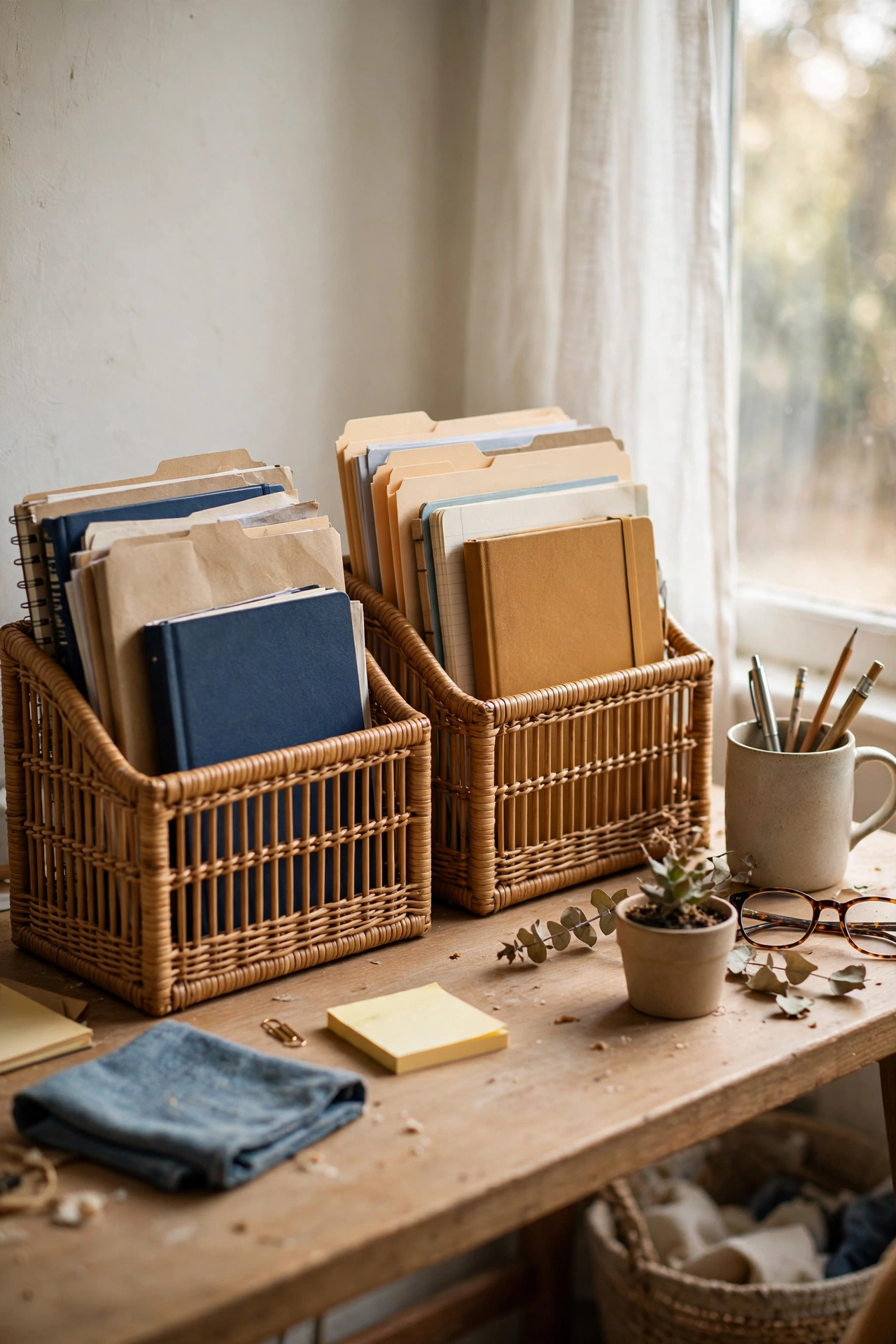 Pair of matching magazine holders with notebooks on a desk