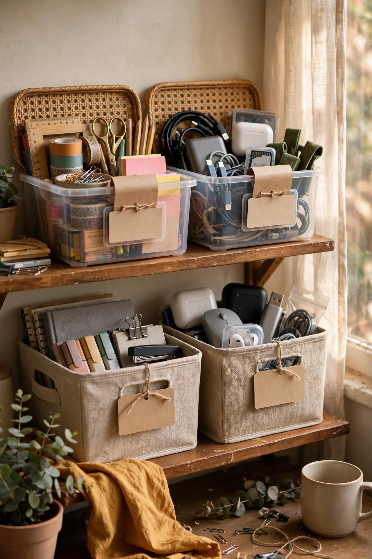 Labelled storage bins on a shelf holding office supplies