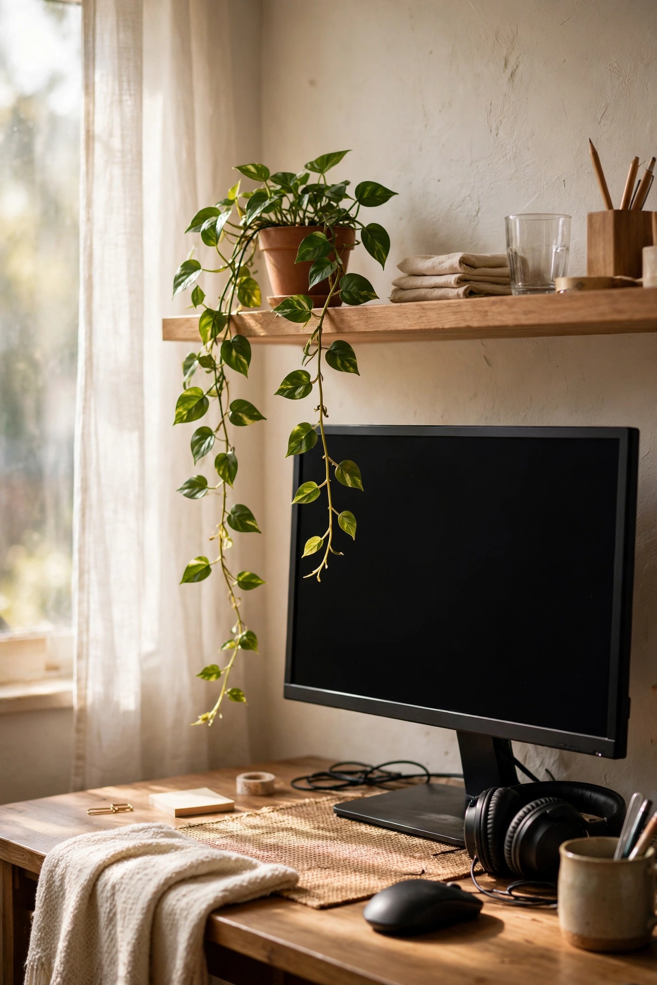 Small trailing faux pothos plant on a desk shelf beside a monitor
