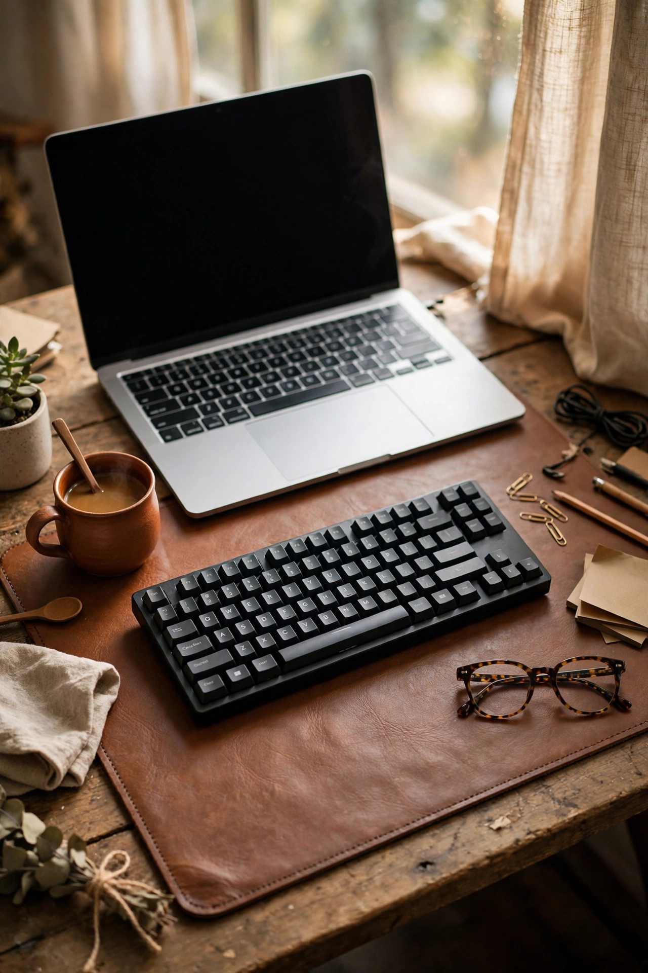Faux leather desk pad under a laptop and keyboard on a desk
