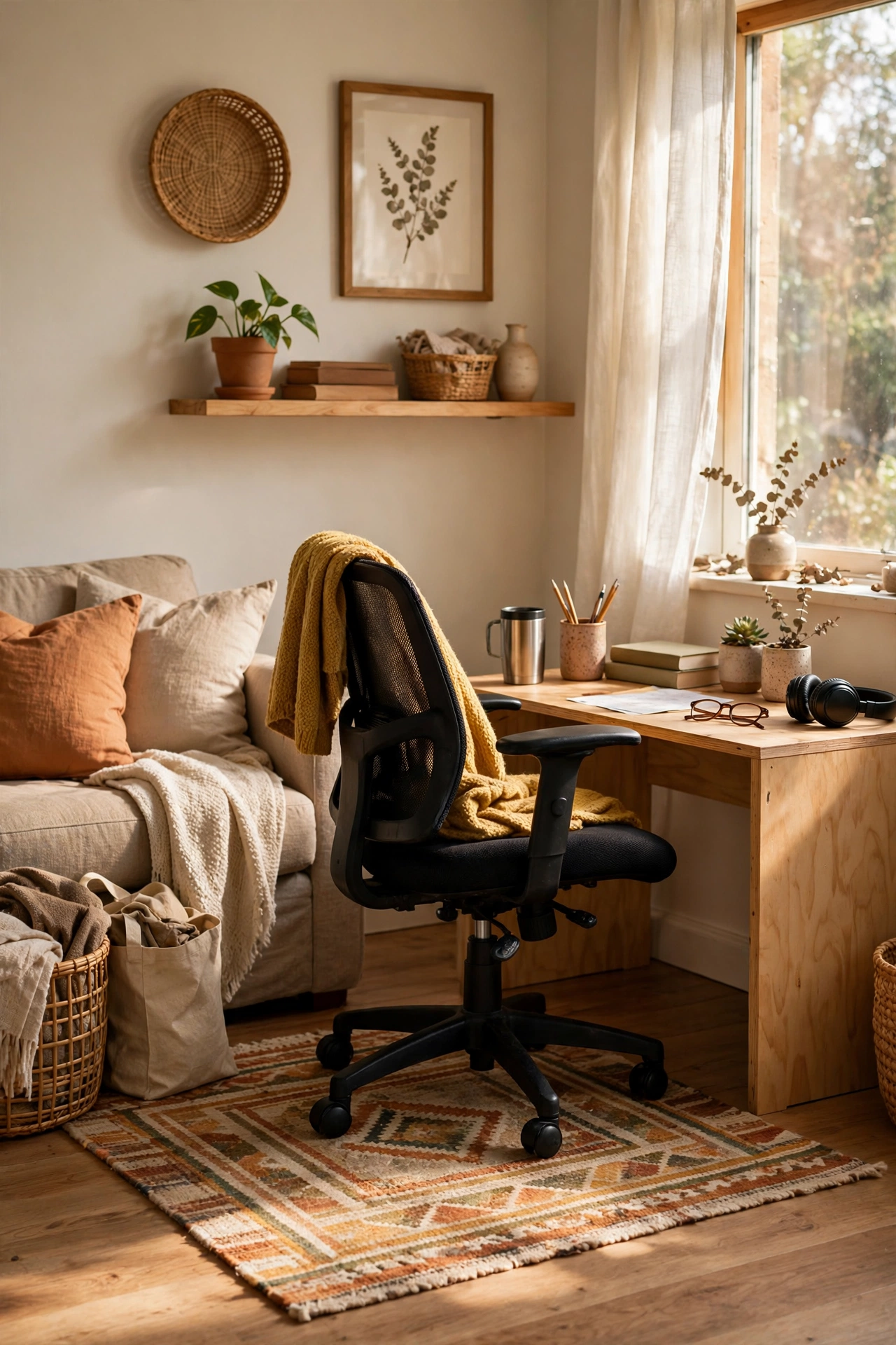 Small flat-weave rug under an office chair defining a work corner