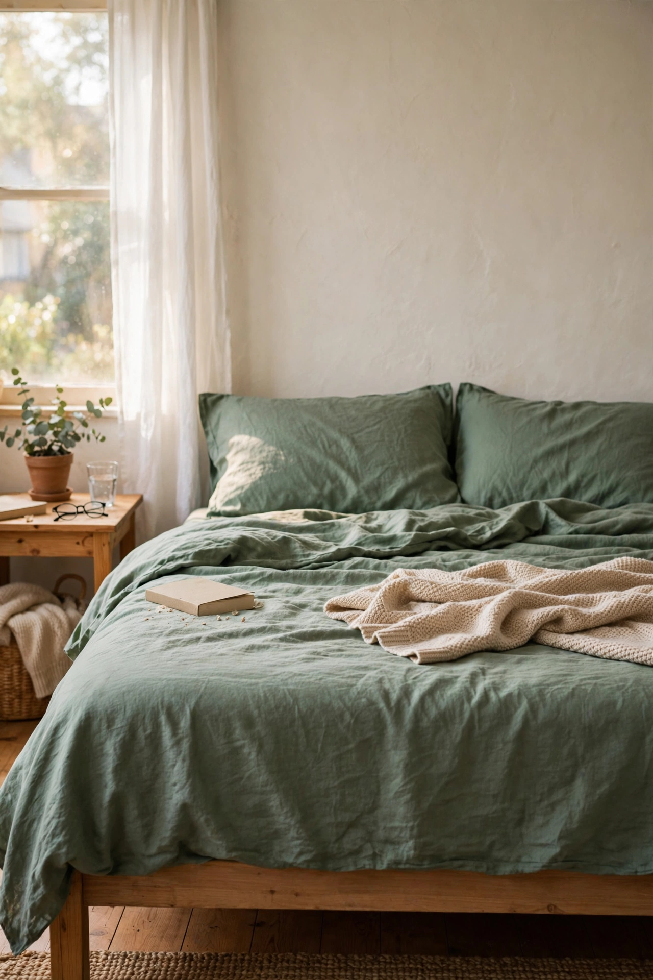 Bed with solid sage colour sheet set looking calm and simple