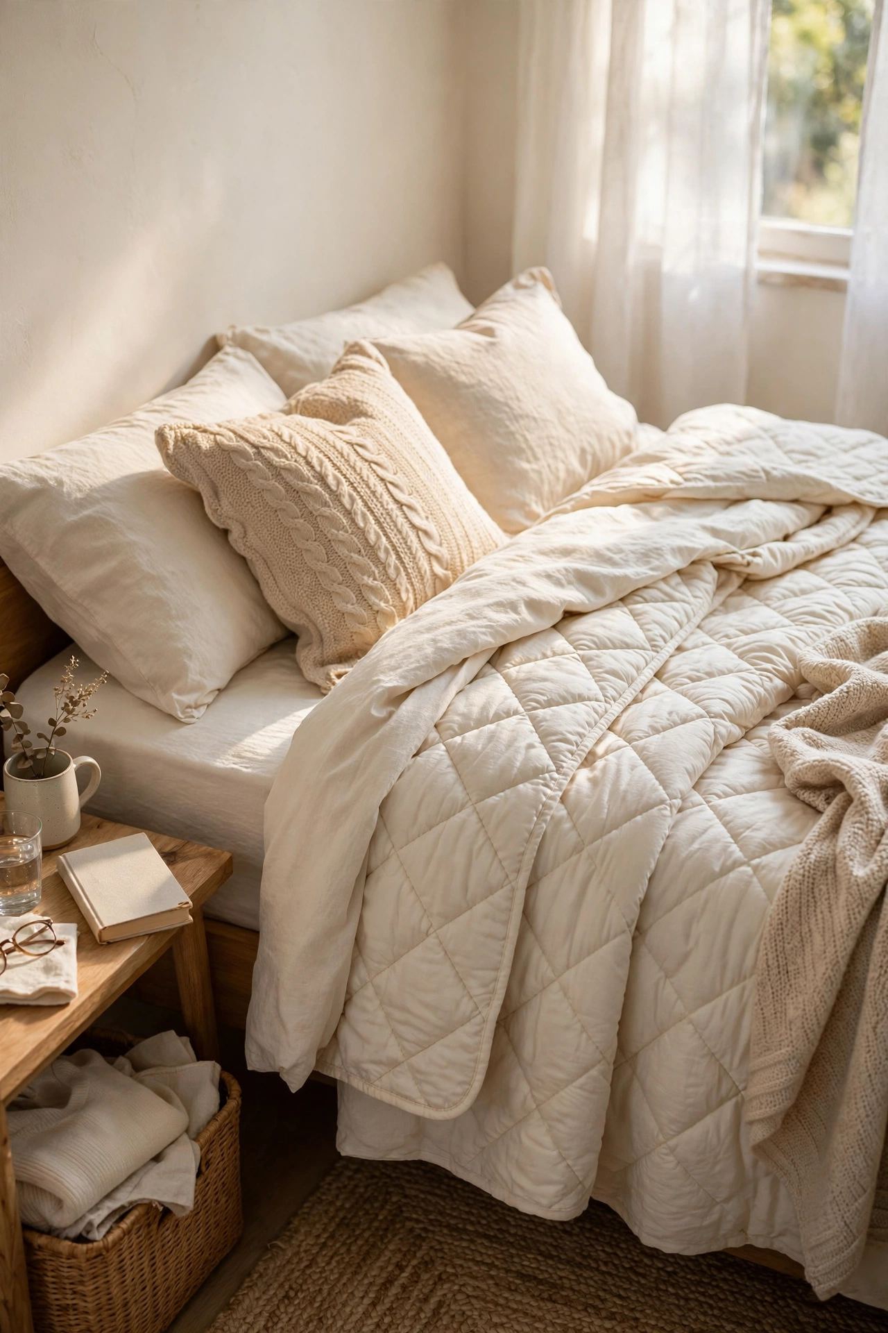 Cream quilted coverlet layered over a duvet on a made bed