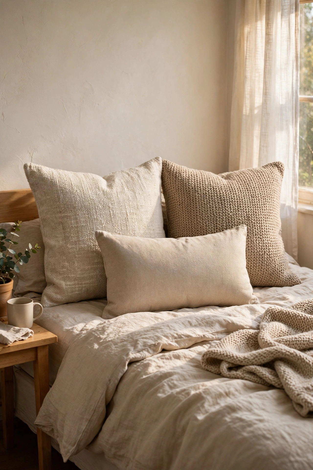 Lumbar and square decorative pillows in coordinating neutrals on a bed