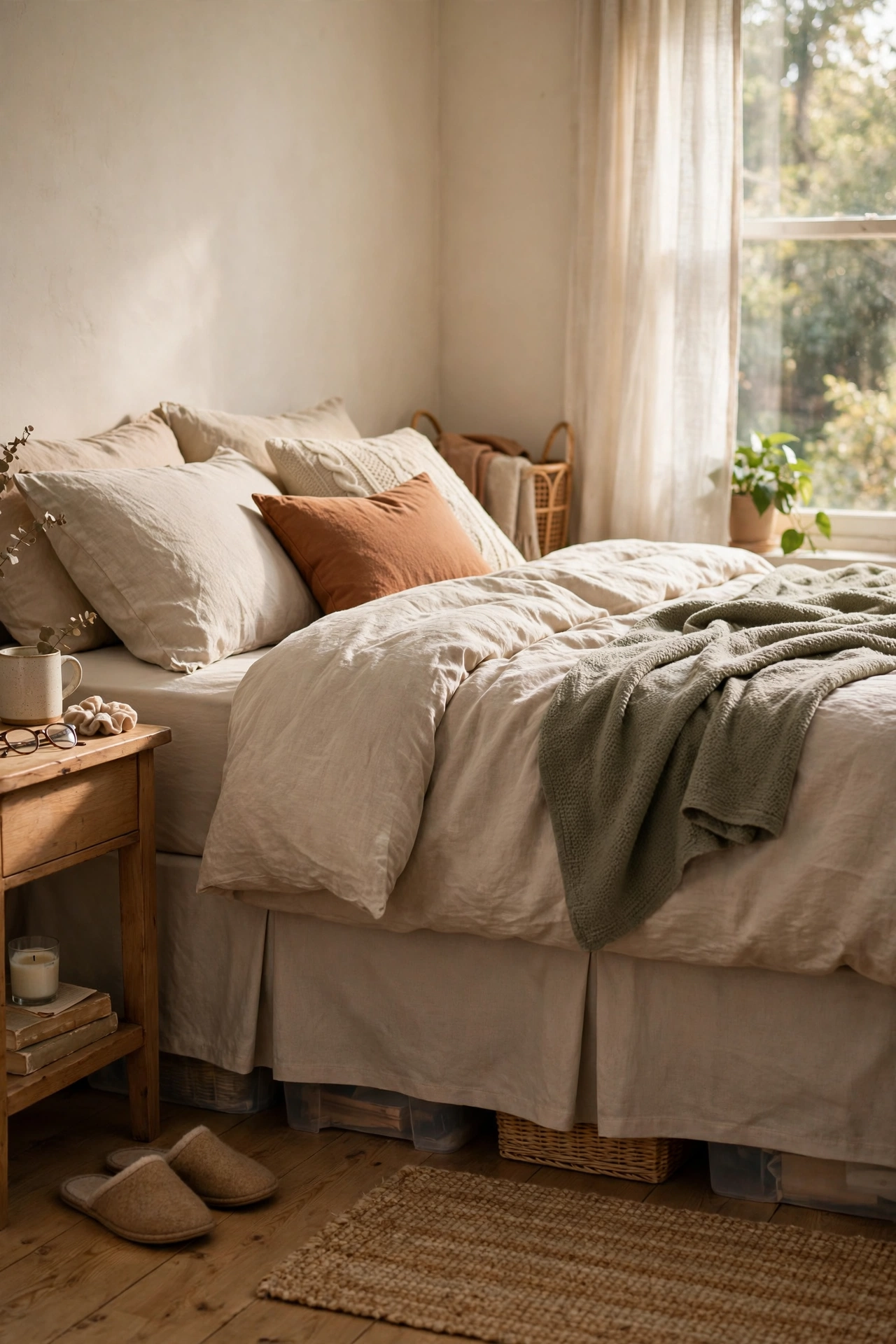 Neutral tailored bed skirt hiding under-bed storage on a bed