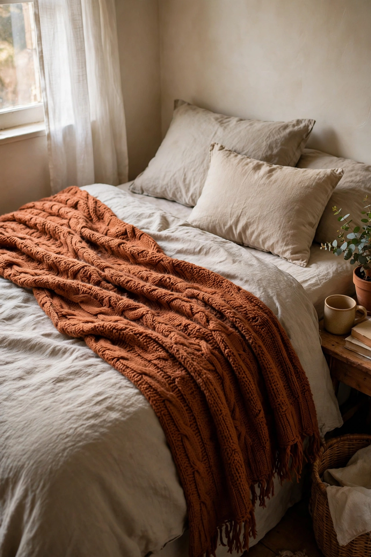 Rust coloured warm knit throw draped diagonally across a bed