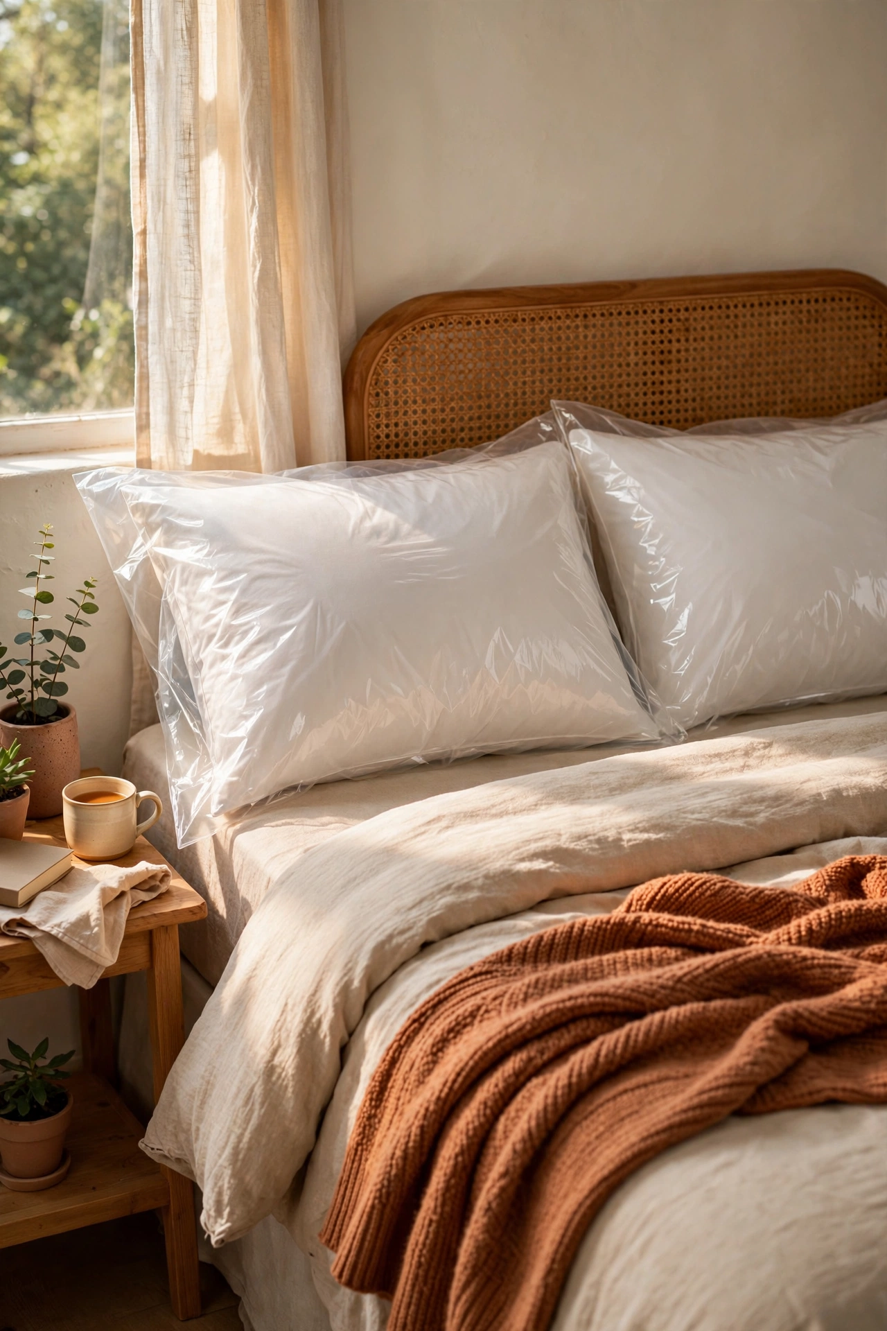 Pillows with zippered protectors looking plump on a bed