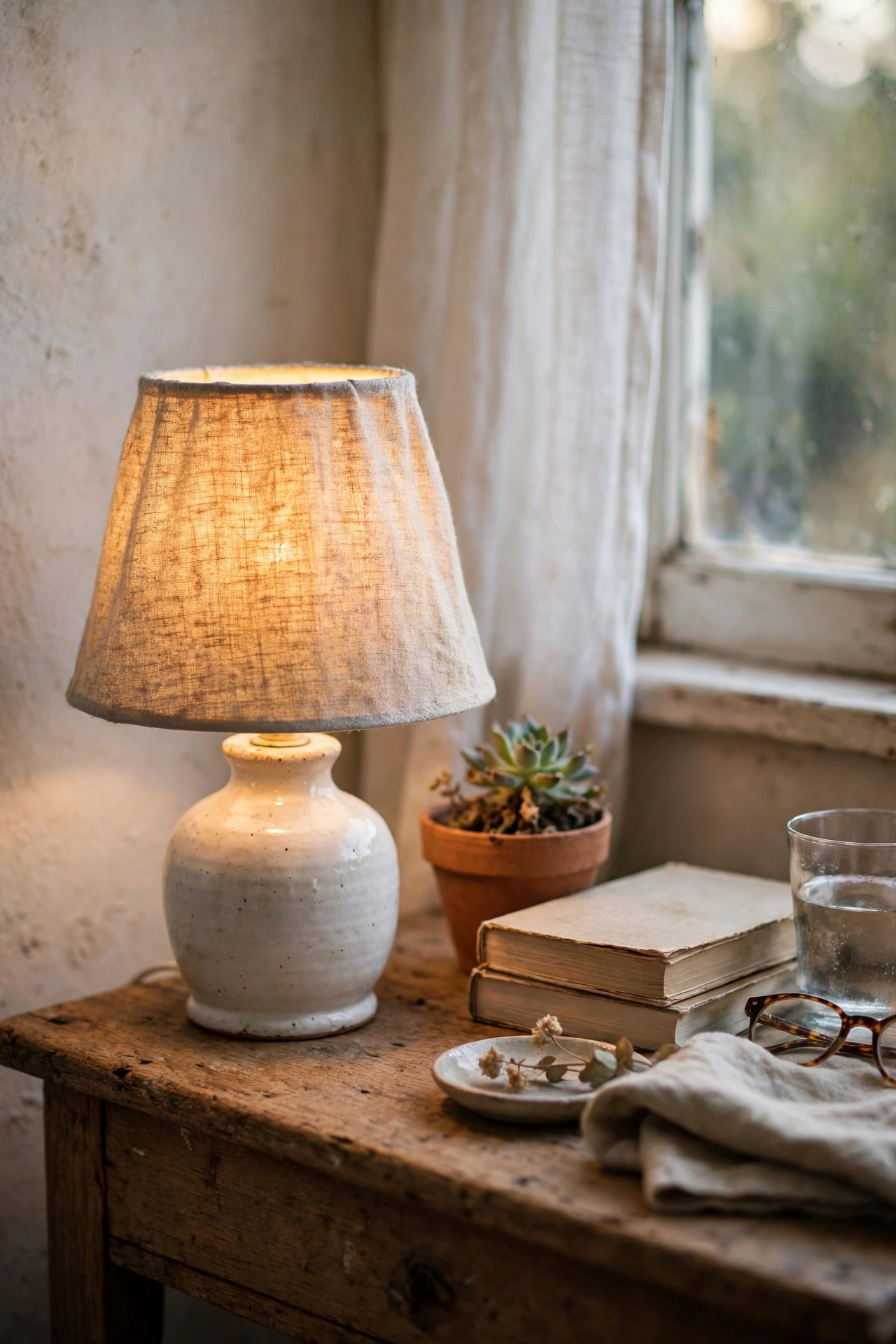 Small white ceramic table lamp with linen shade on a nightstand