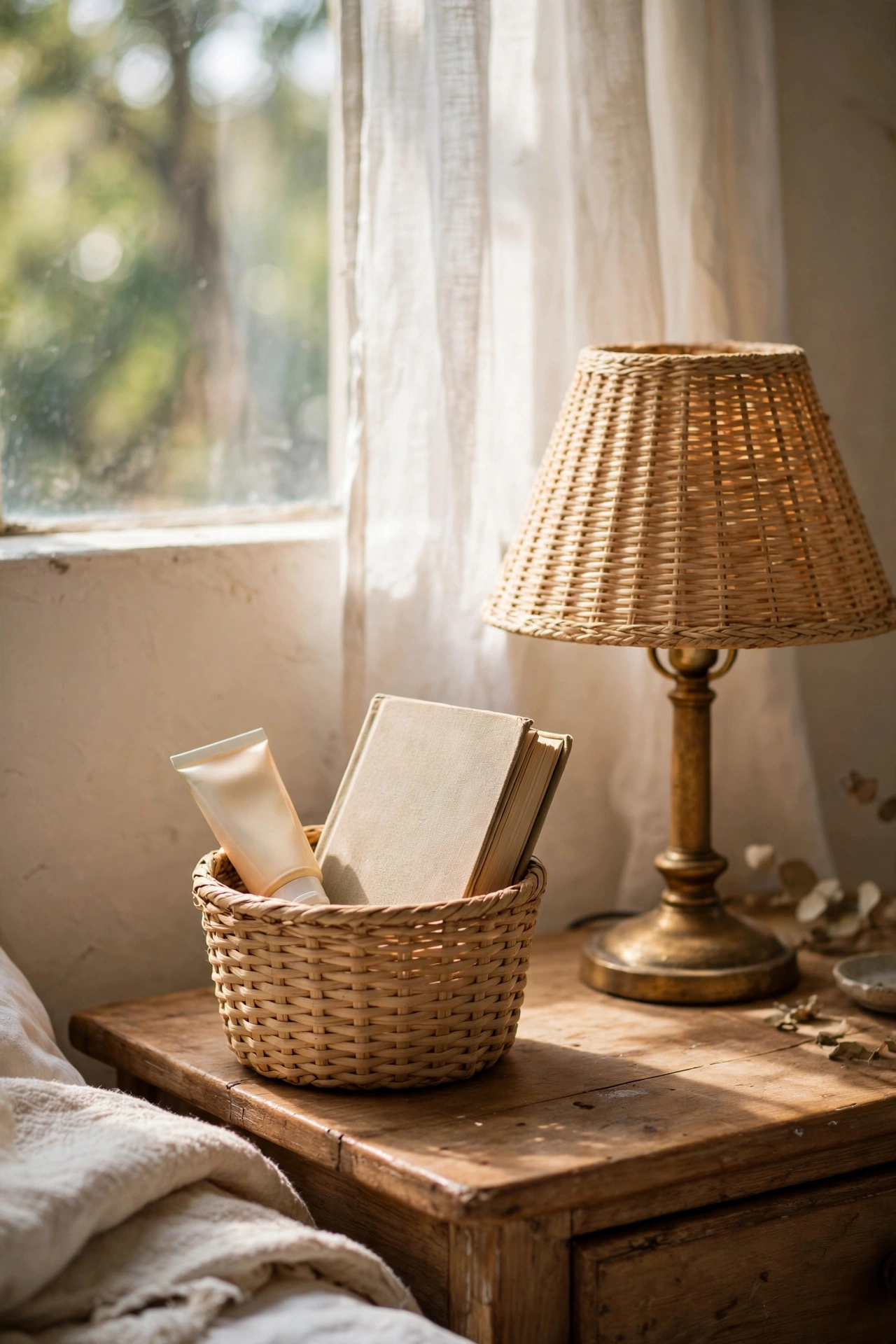 Small woven basket holding hand cream and book on a nightstand