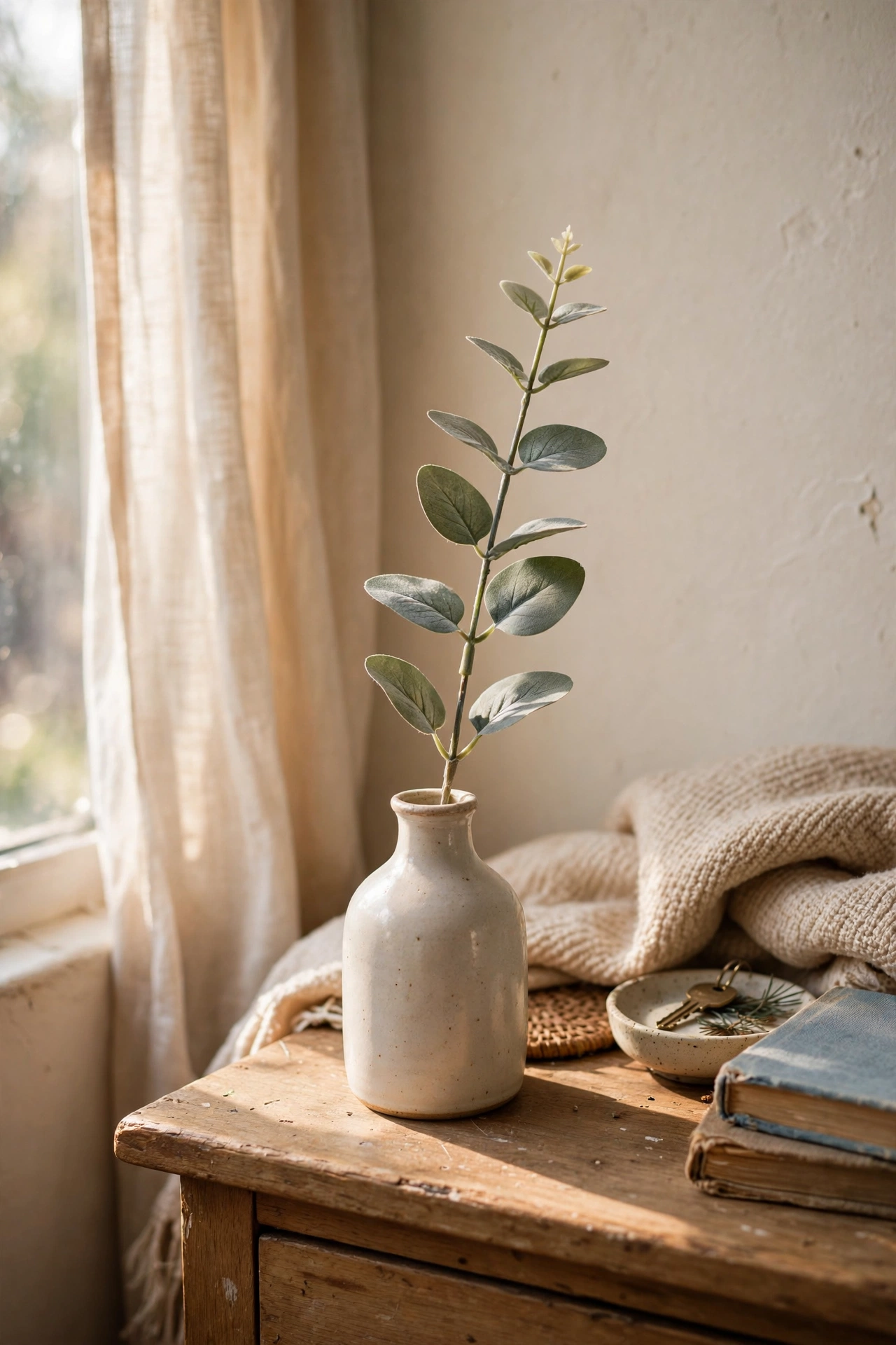 Single faux eucalyptus stem in a small bud vase on a nightstand