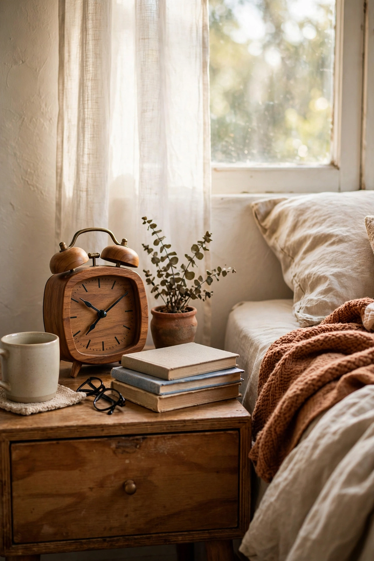 Wood-look alarm clock on a nightstand beside a bed