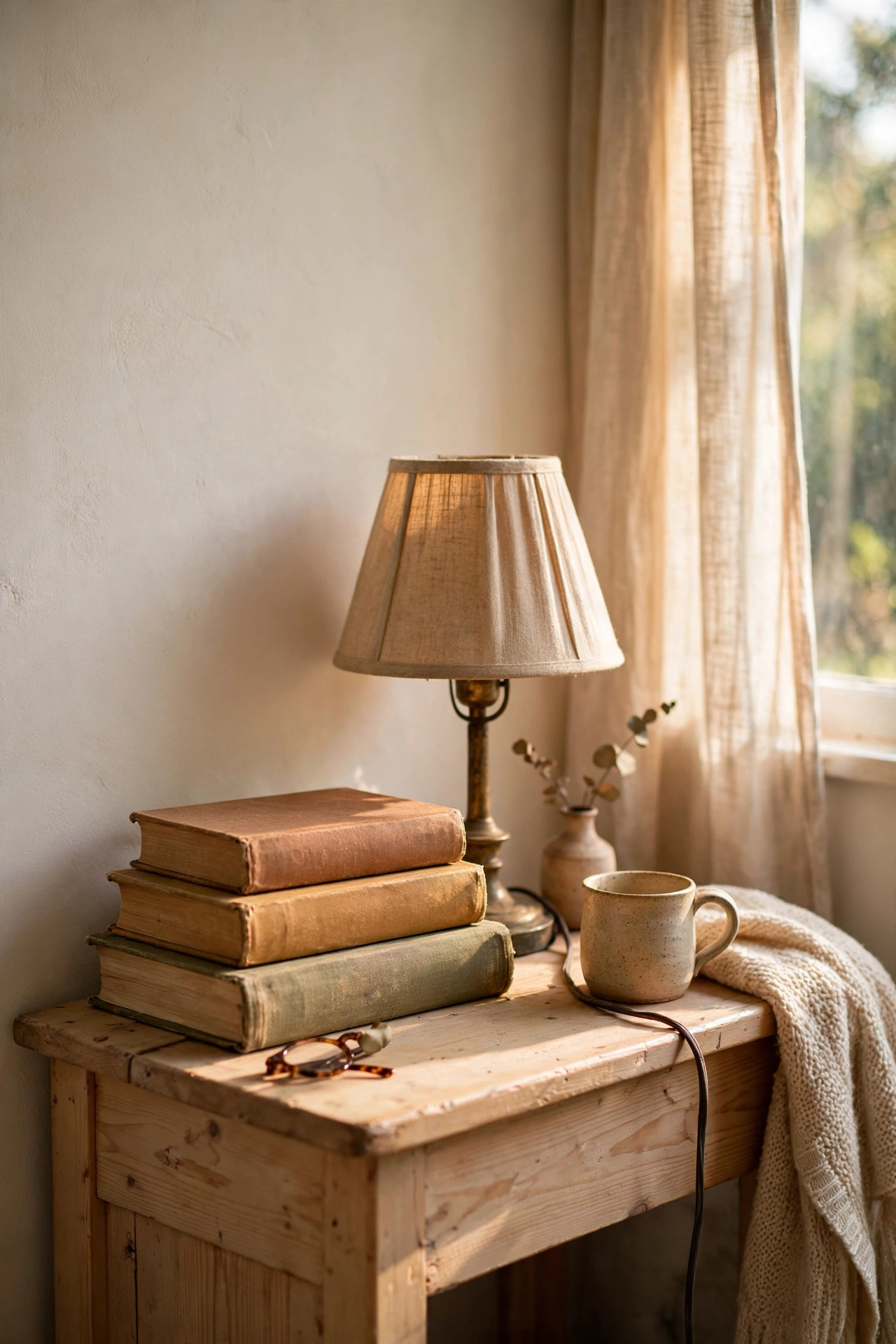 Small stack of three books on a nightstand beside a lamp