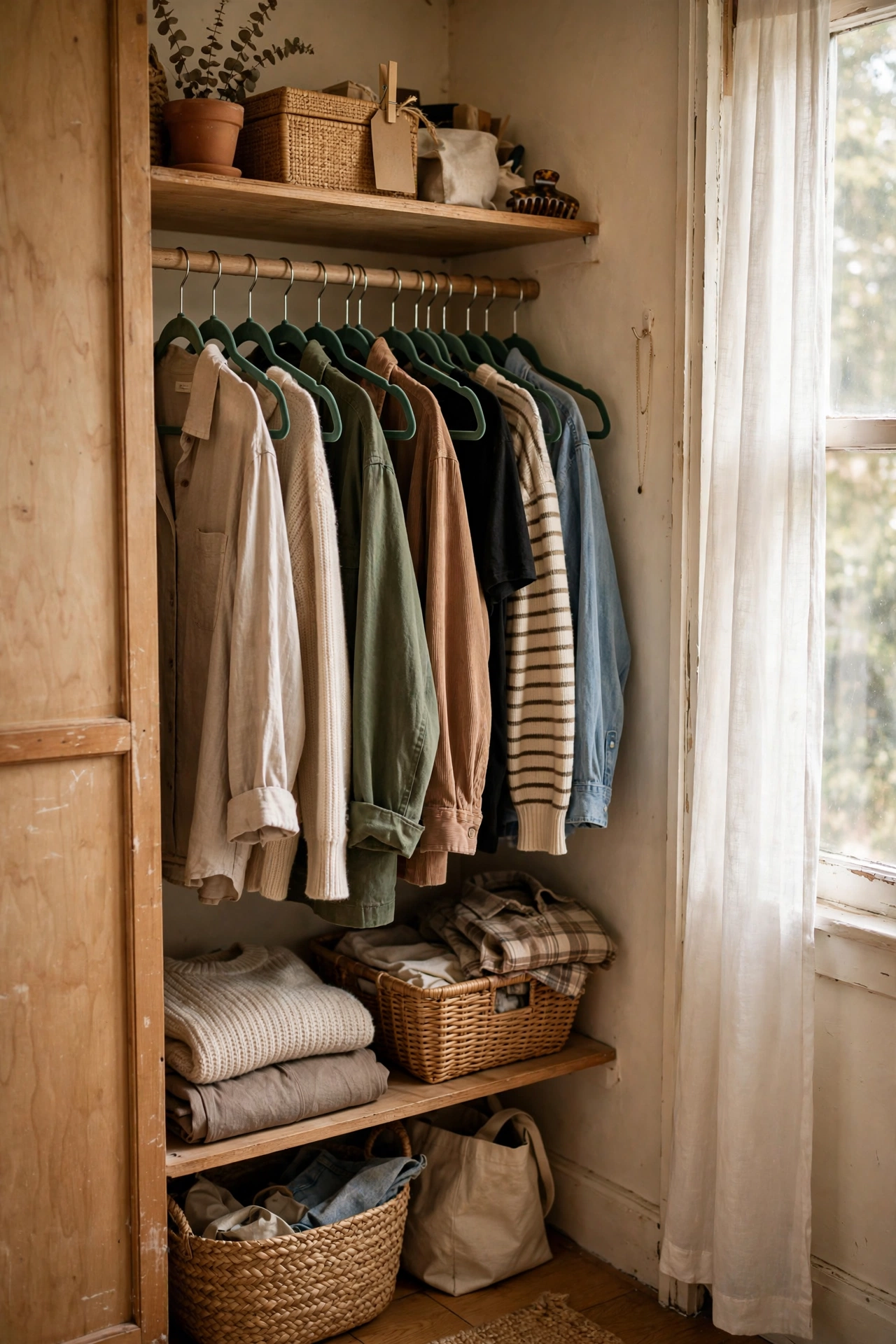 Closet with clothes on slim matching velvet hangers looking tidy