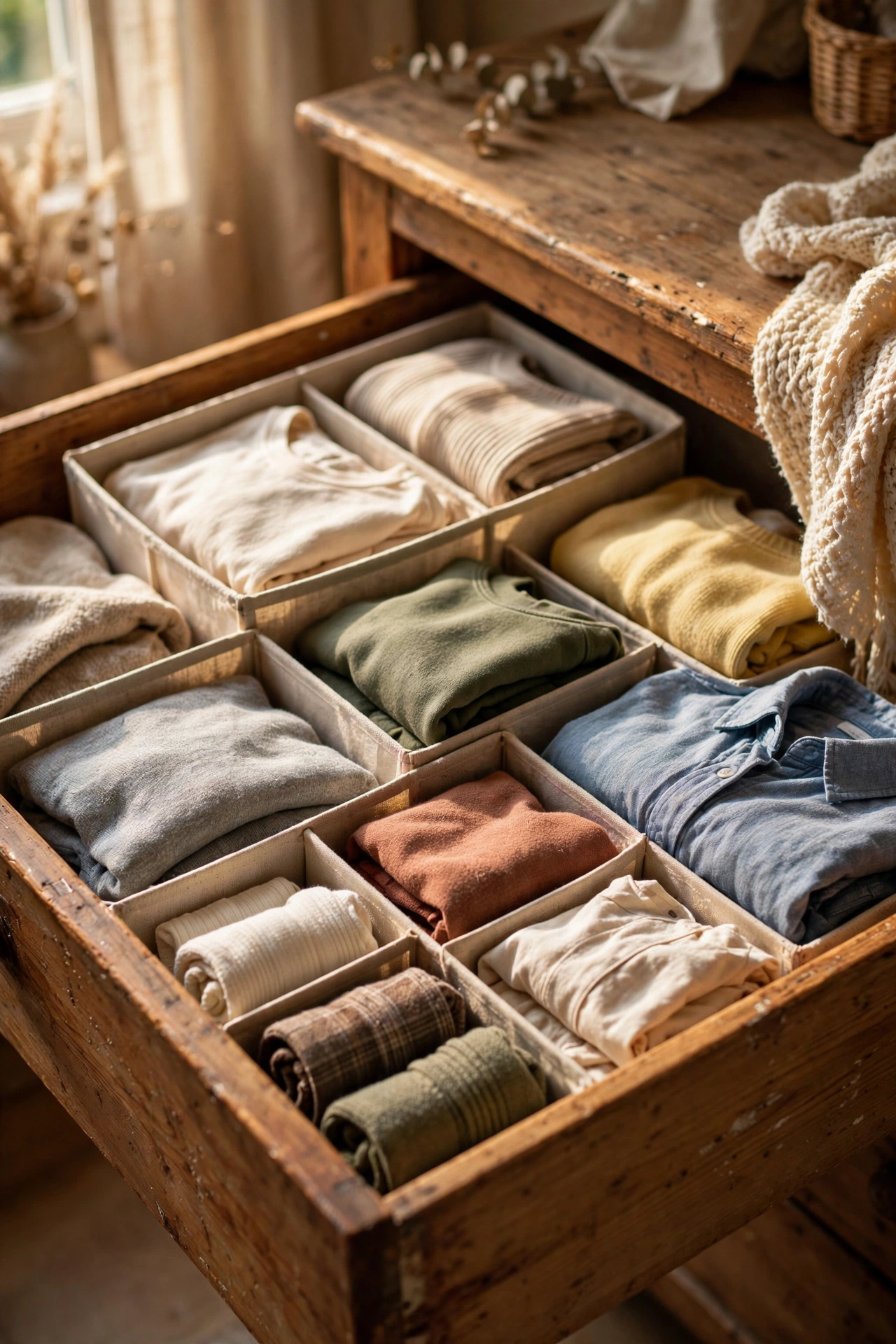 Open dresser drawer with fabric divider boxes organising clothes