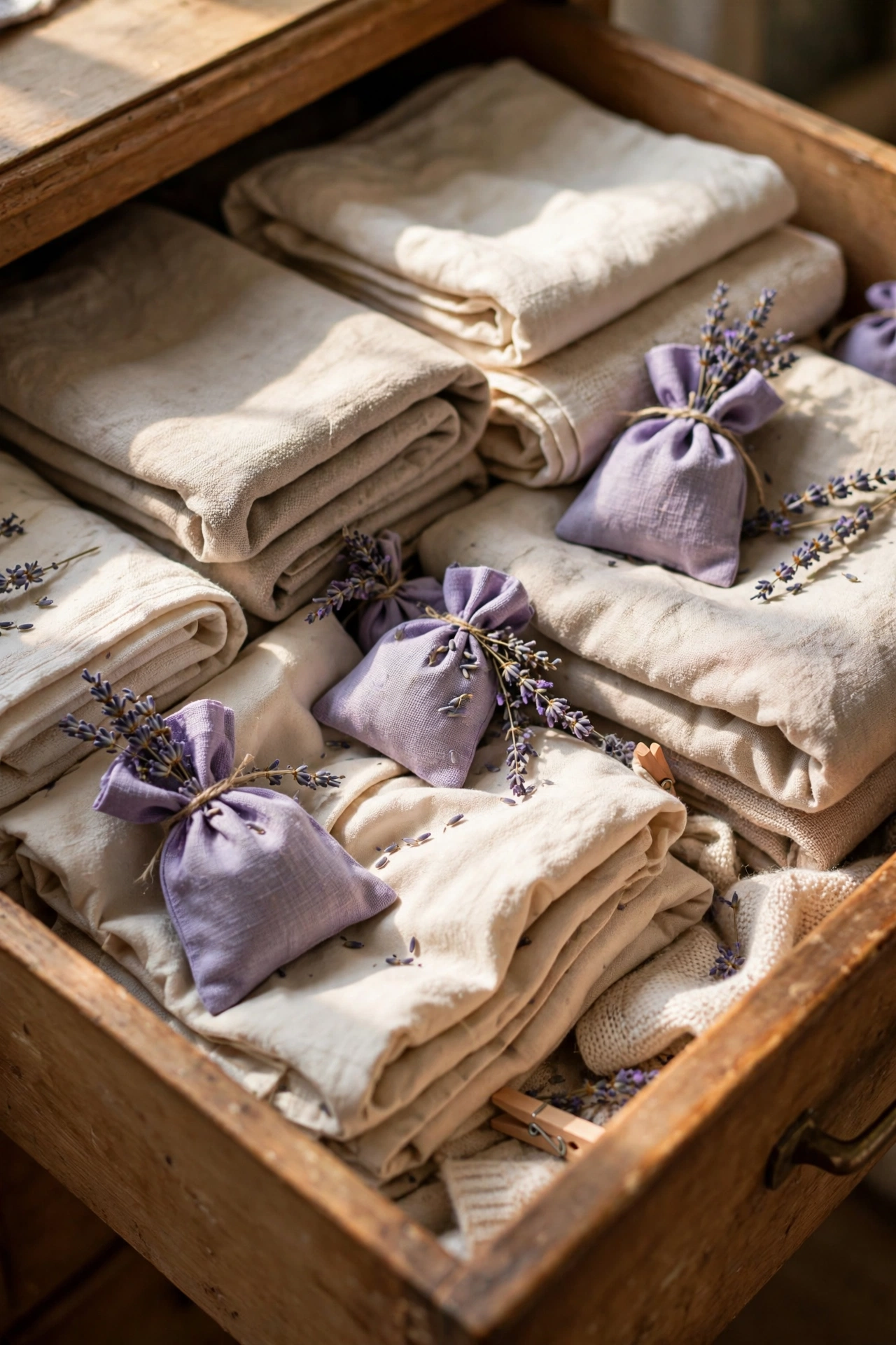 Lavender scented sachets tucked into an open dresser drawer