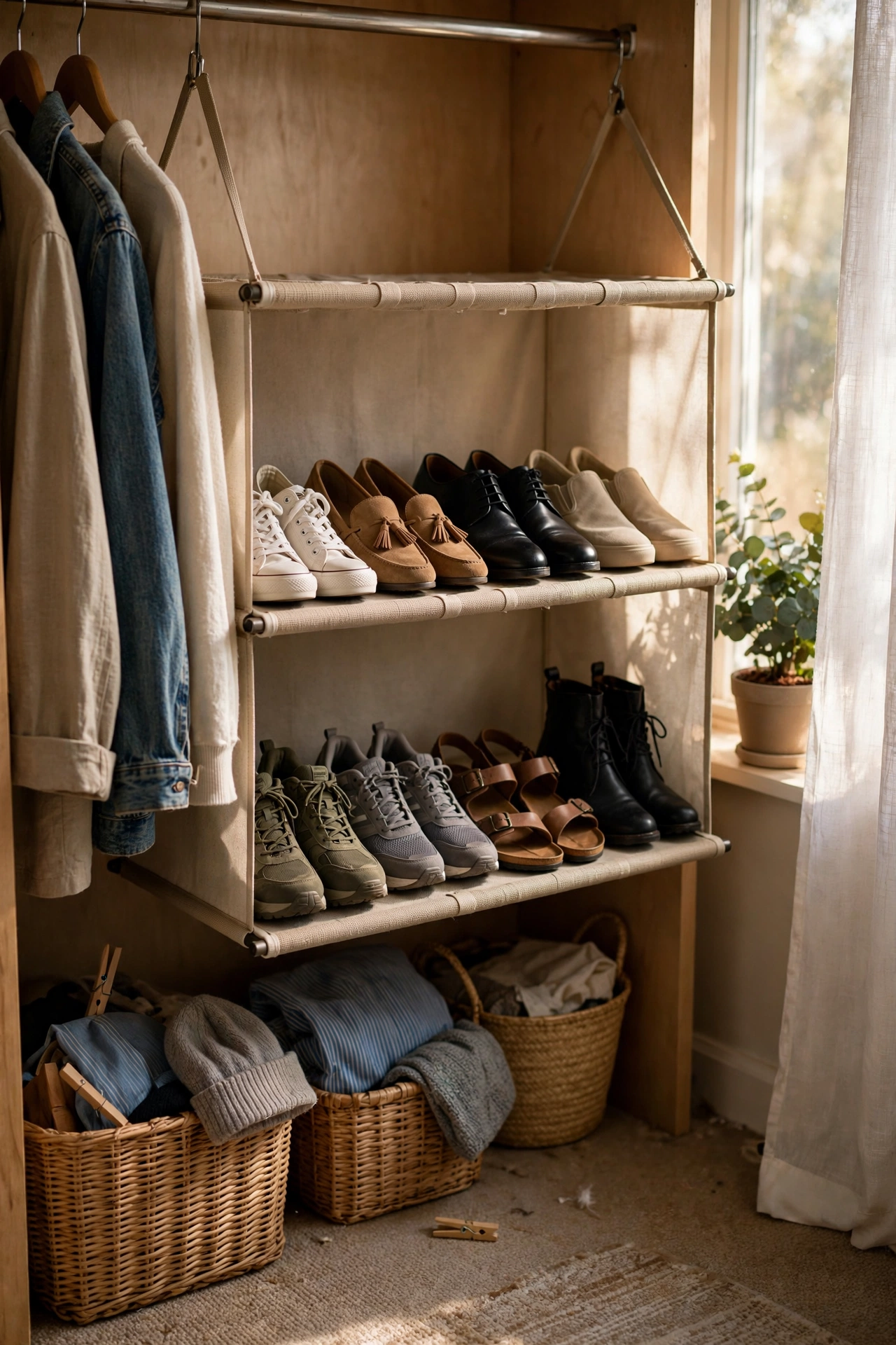Two-tier shoe organiser rack with pairs of shoes in a closet