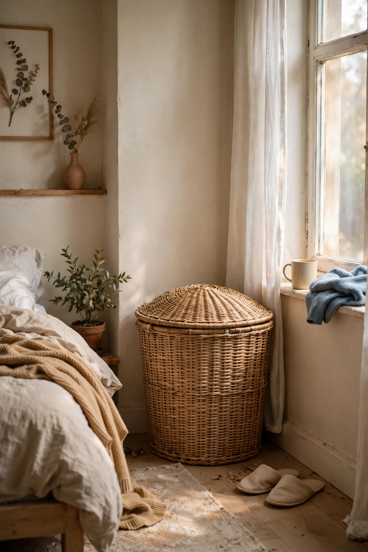 Woven laundry hamper with lid in a bedroom corner