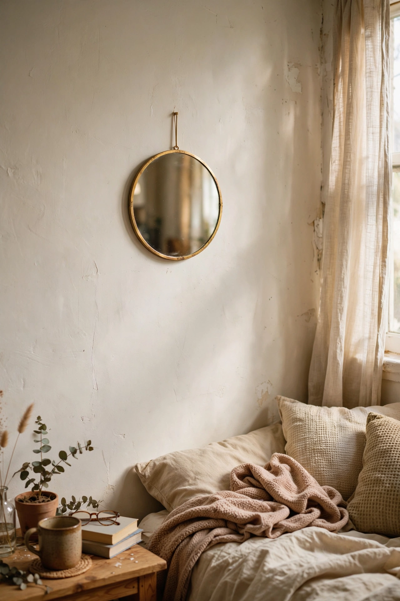 Small round mirror with thin gold frame on a bedroom wall