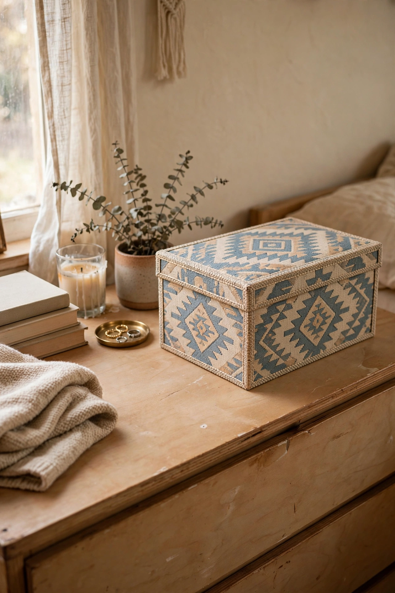 Patterned decorative storage box on a dresser holding small items