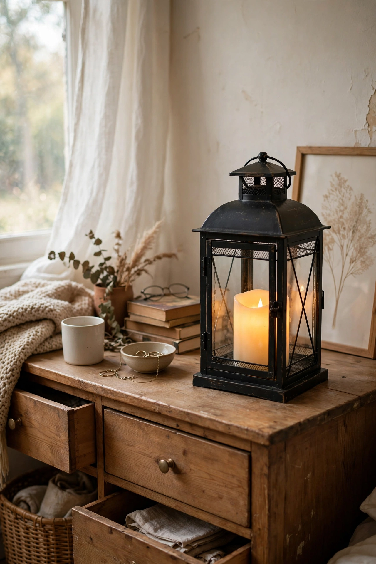 Black metal lantern with flameless candle glowing on a dresser