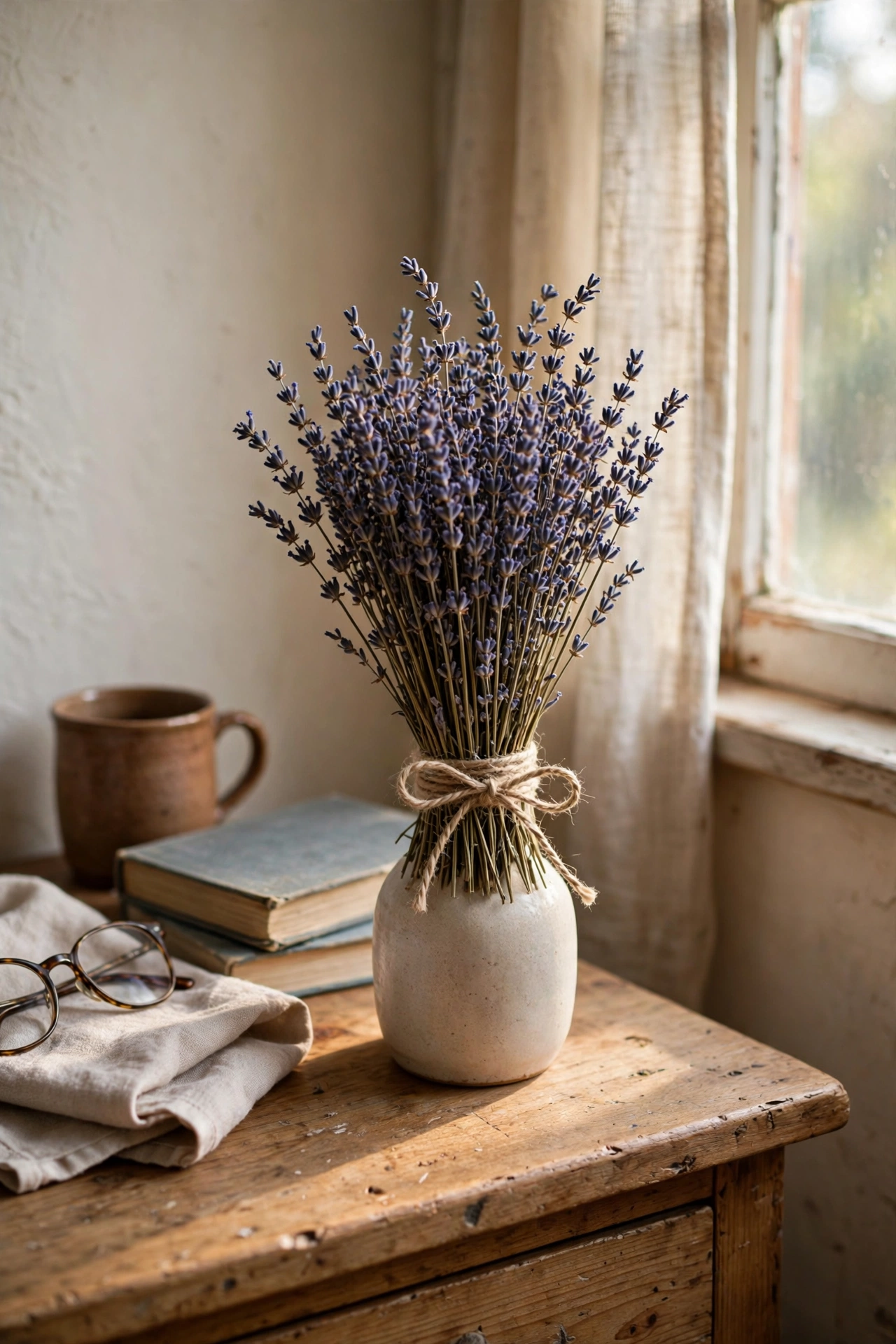 Bundle of dried lavender tied with twine in a small vase on a nightstand